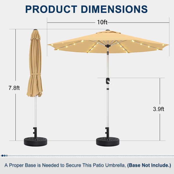 Homrest 10FT Solar Lighted Patio Umbrella, Fade-Resistant Outdoor Umbrella with Tilt, 8 Aluminum Ribs Beige