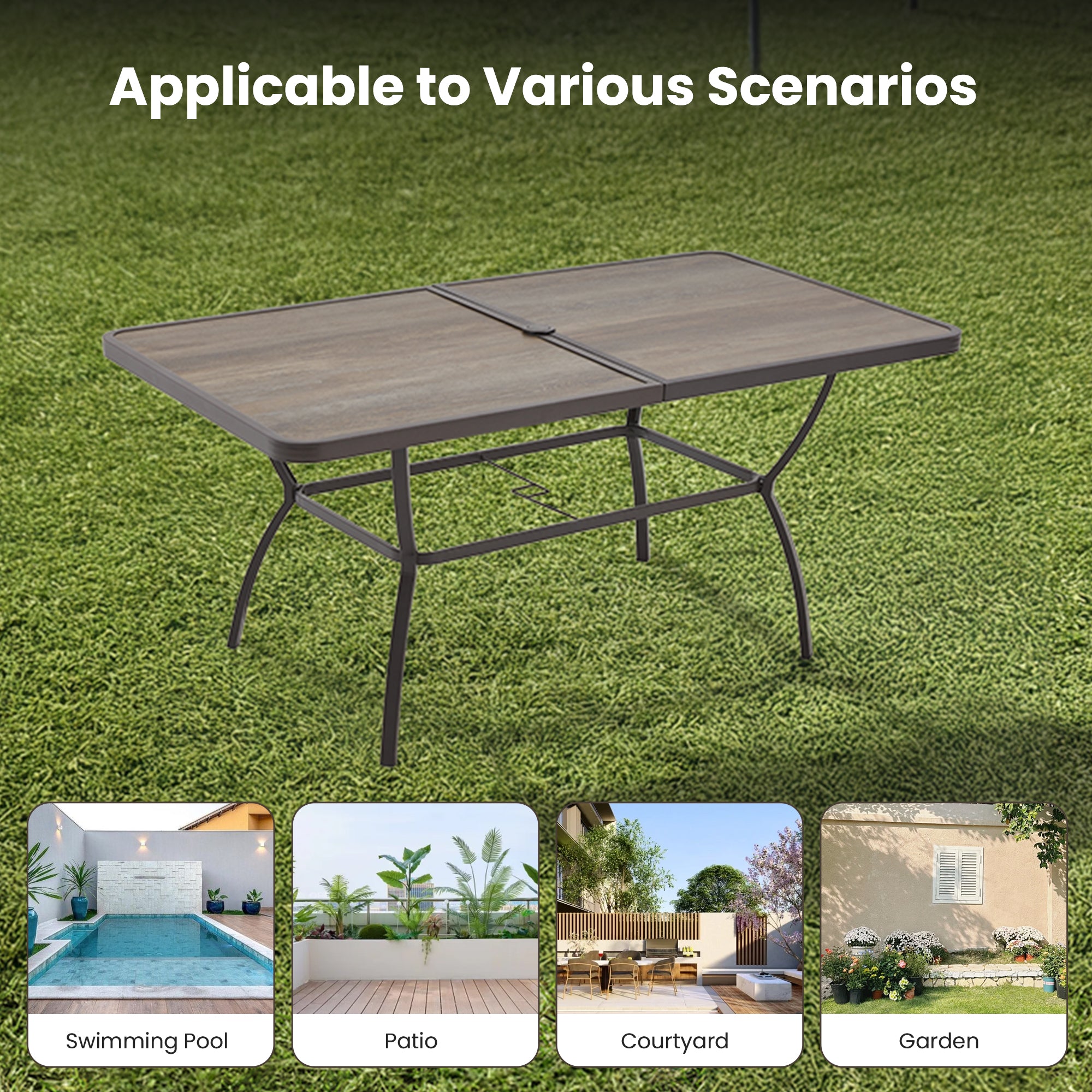 HOMREST 63 Inch Outdoor Patio Dining Table with 1.96 Inch Adjustable Umbrella Hole