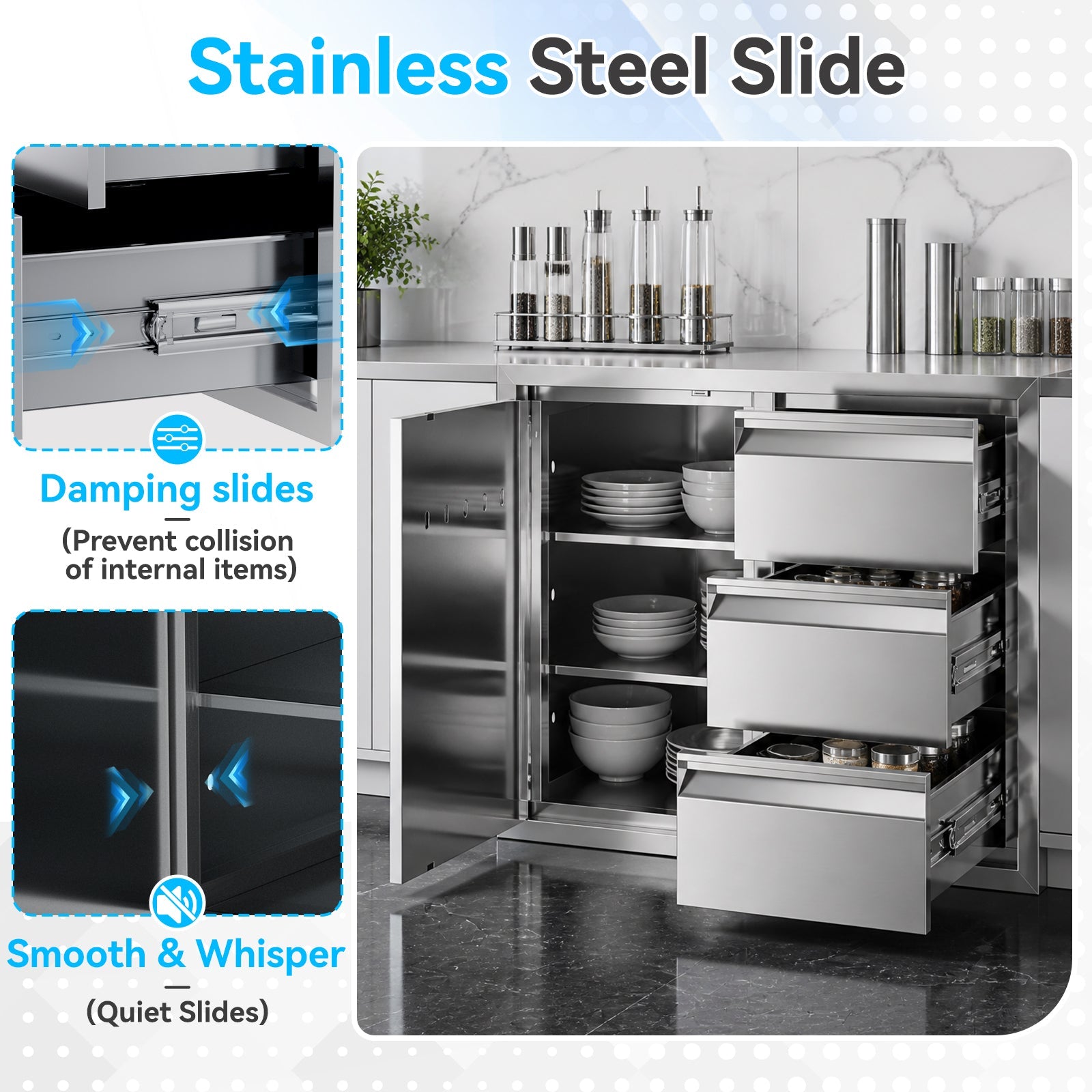 HOMREST Outdoor Kitchen Drawer and Trash Bin Combo - 28"Wx20"Dx23"H Built-in 304 Stainless Steel Cabinet with Triple Drawers & Pull-Out Trash Drawer, Silver