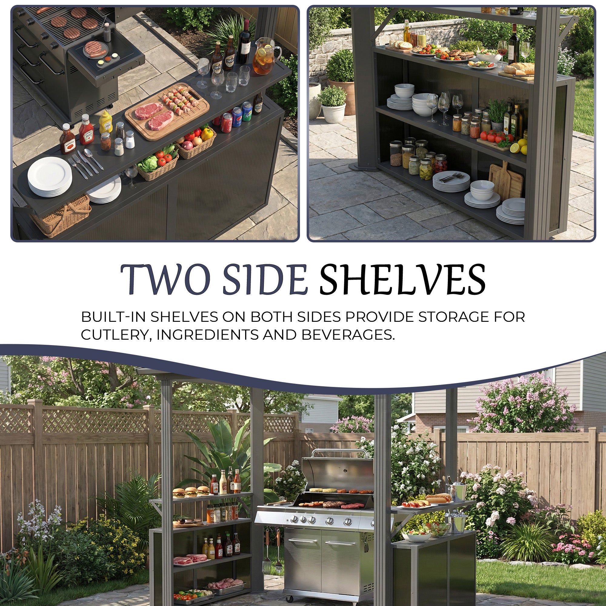 8' x 6' Hardtop Grill Gazebo, Outdoor Metal BBQ Gazebo with Storage Cabinet, Double Roof Hardtop Gazebo, Includes Ceiling Hooks, Suitable for Lawn, Courtyard and Garden