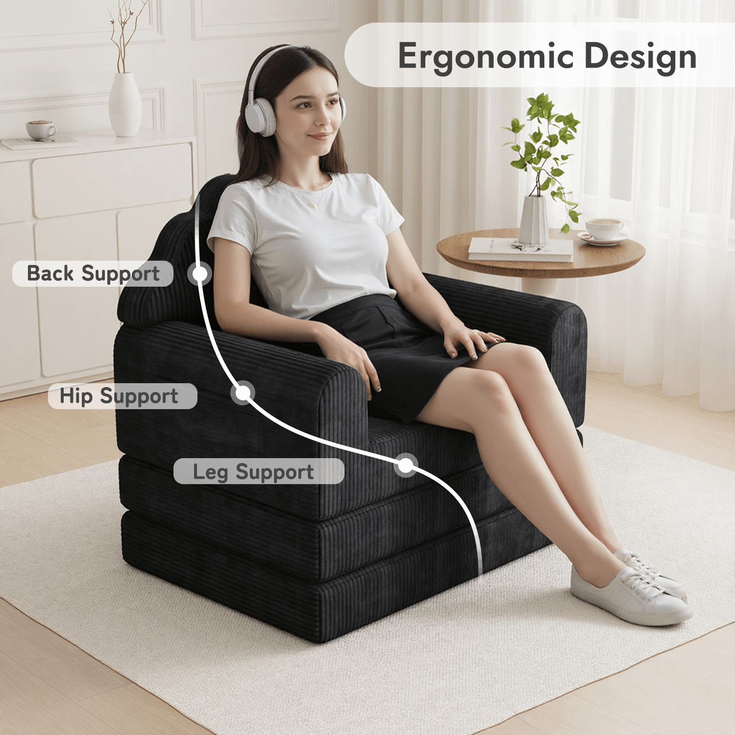 HOMREST 2-in-1 Folding Sofa Bed with Back Support, 75" D x 34" W Convertible Futon Sleeper Chair for Living Room Bedroom Small Spaces, Black