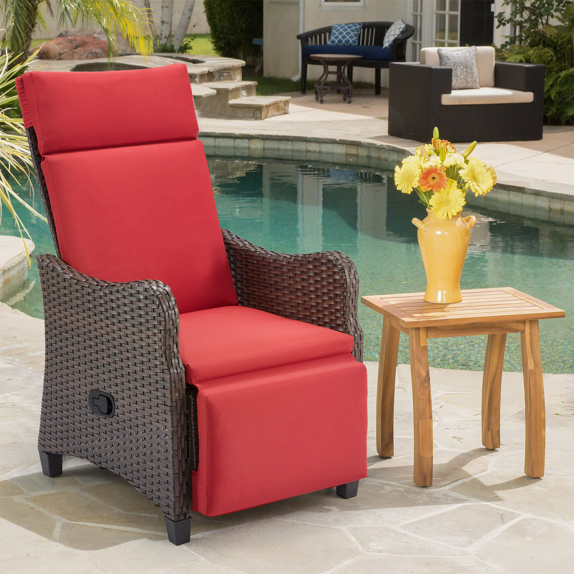 Homrest Outdoor Recliner Chair with Flip-up Table & Removable Cushion for Patio Deck Backyard, Red