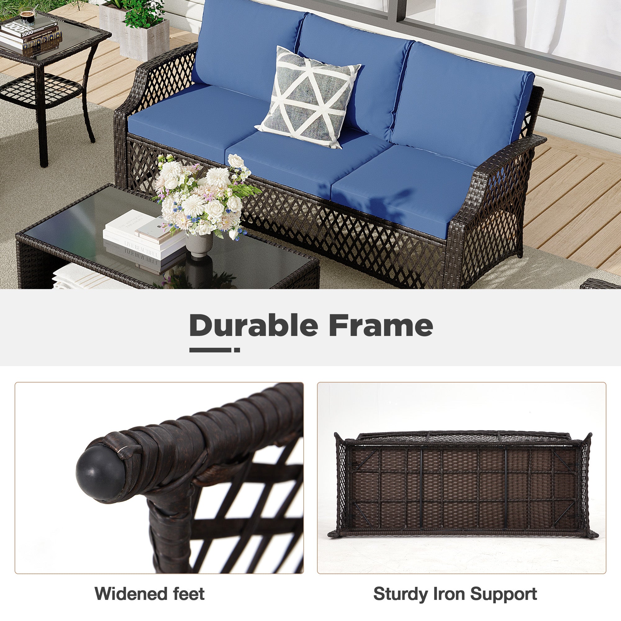 HOMREST 6 Piece Patio Furniture Set, Rattan Outdoor Sectional for Deck Backyard Porch (Navy Blue)