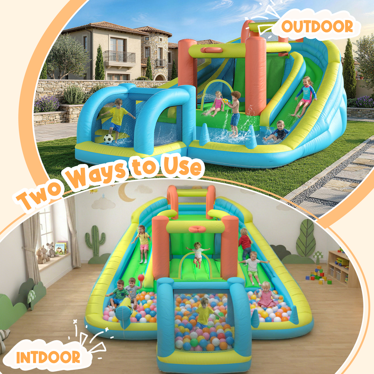 Homrest Inflatable Bounce House with Double Slide, Bouncy Castle for Kids 3-12 with Blower, Water Cannon, Football Net, Jumping, Climbing Wall, Basketball Hoop, Backyard Water Park for Kids