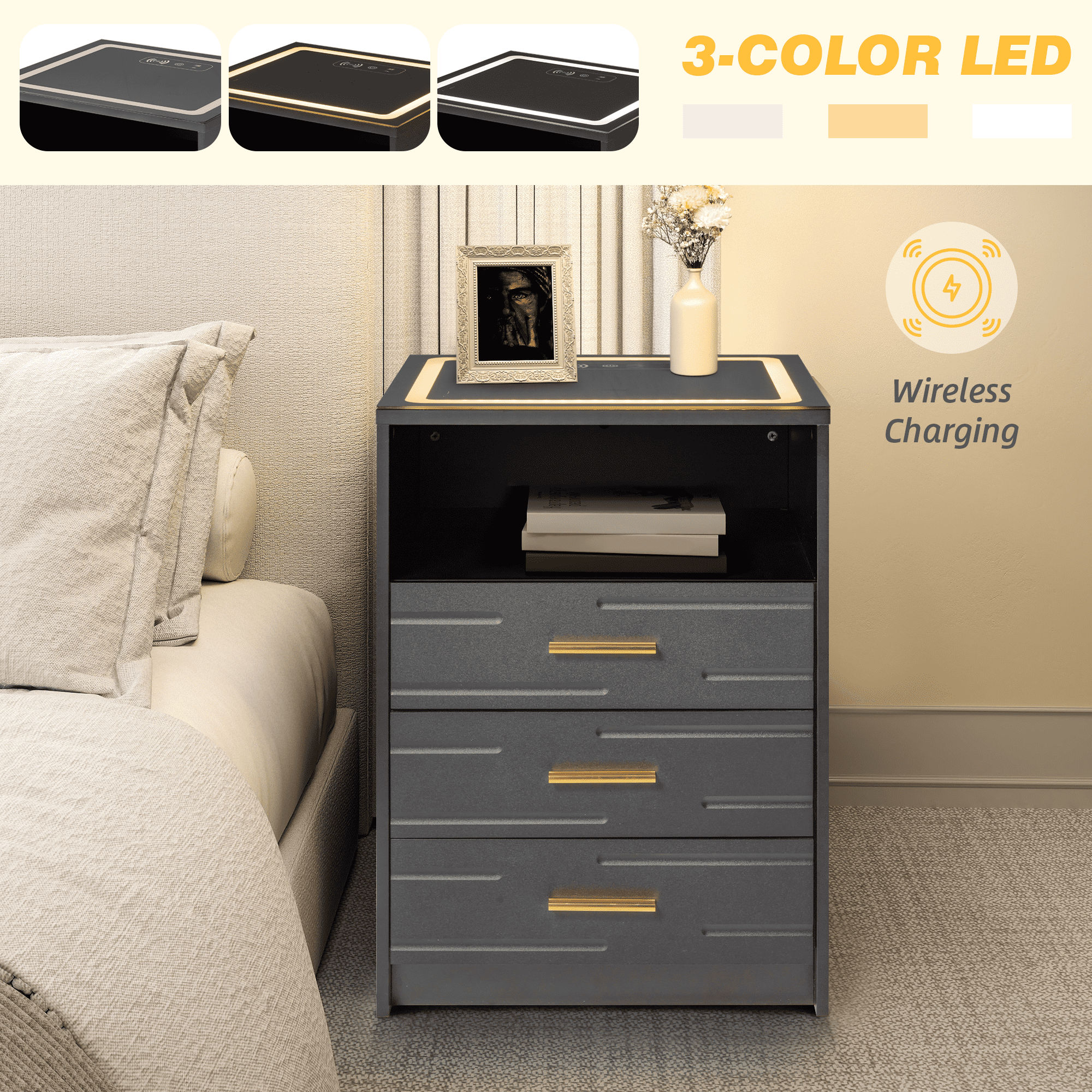 HOMREST LED Nightstand with Wireless Charging, Smart Bedside Table with Drawers & Adjustable LED Lights, Gray
