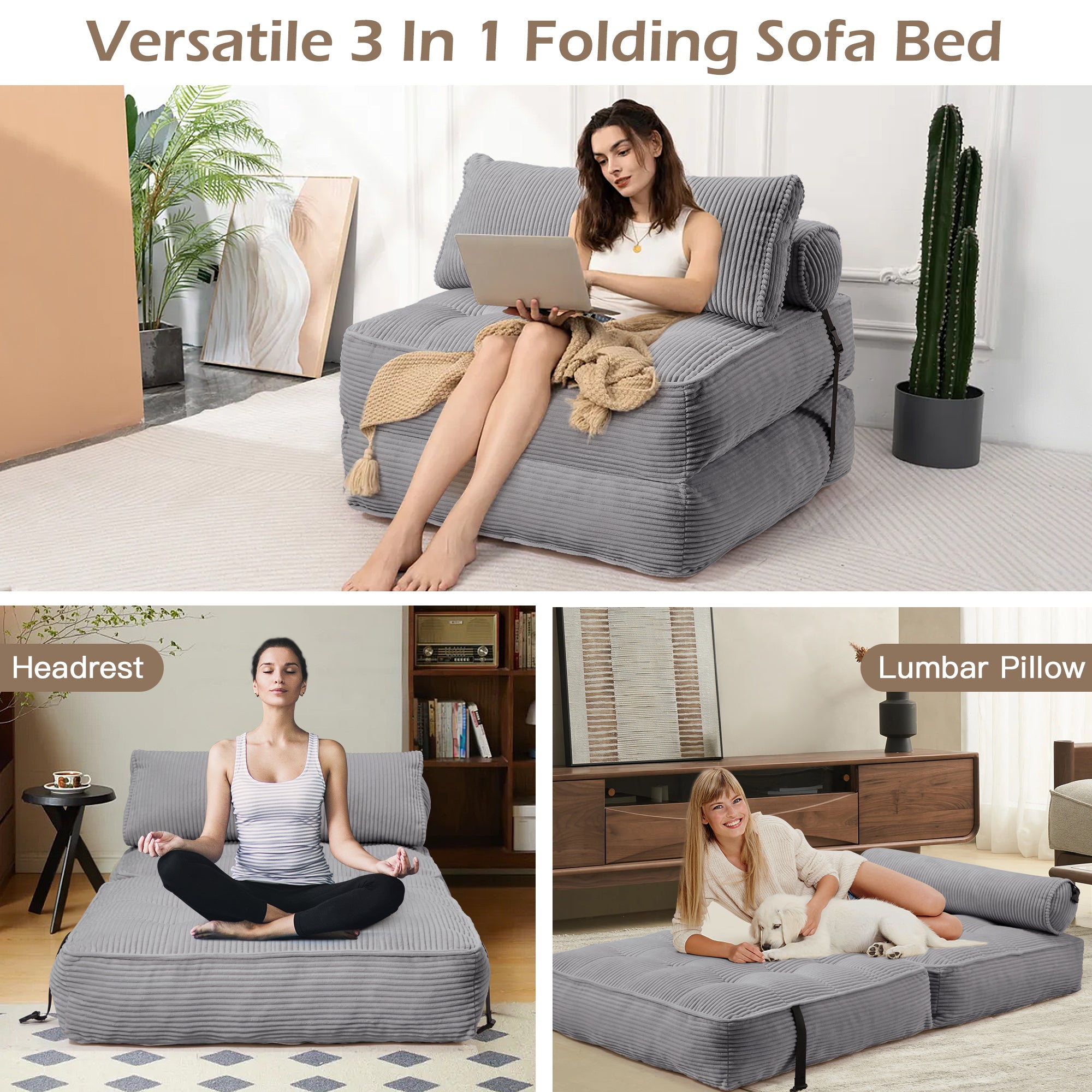 HOMREST Folding Out Chair Bed, Convertible Sofa Bed with 2 Pillows, Gray Blue
