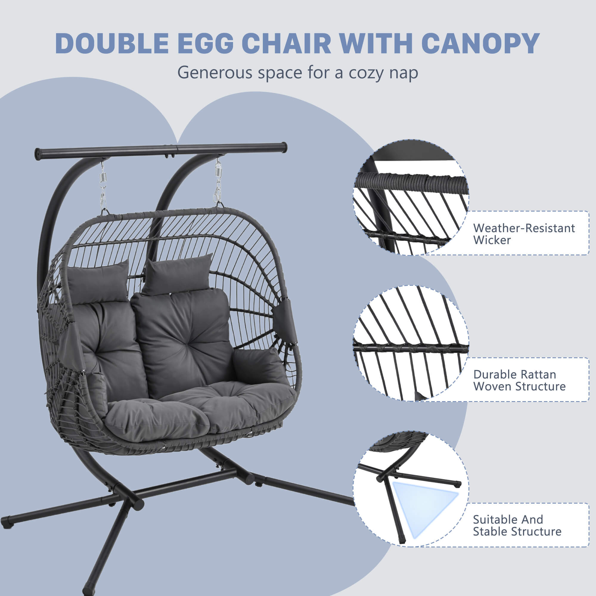 HOMREST Double Hanging Egg Chair with Stand, Wicker Loveseat Swing with Extra Cushion, Gray