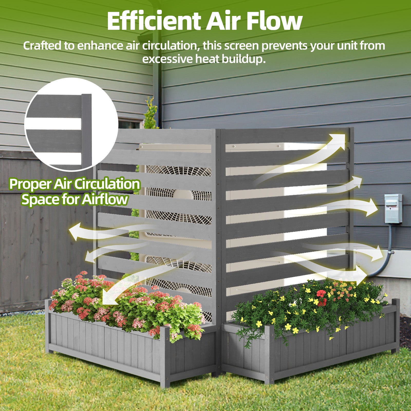 HOMREST 2-Pack No-Dig Privacy Fence Planter 36" W x 45" H, Wood Outdoor Screen for AC Unit, Trash & Flower Bed, Weather-Resistant, Grey