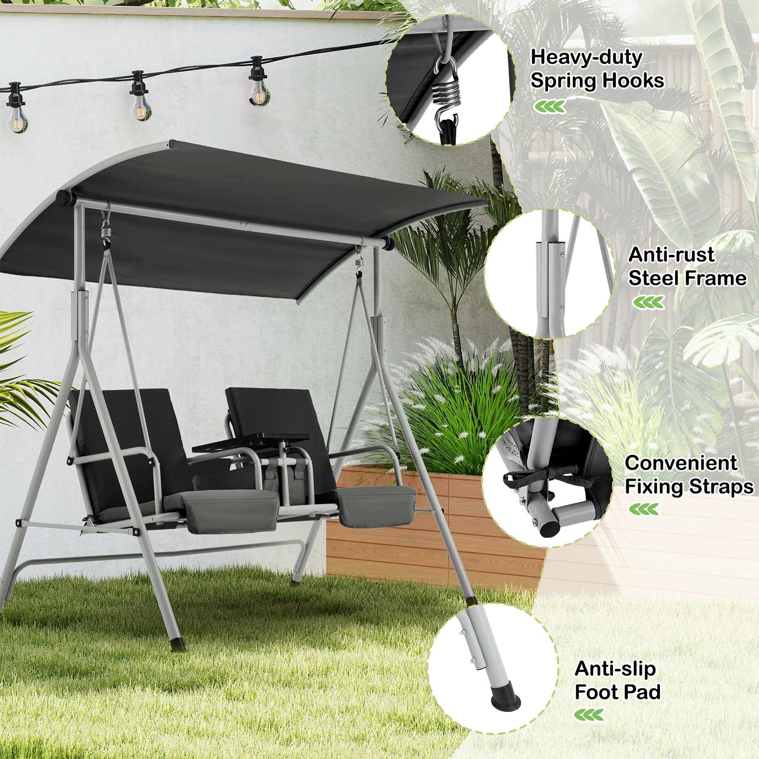 Homrest 2 Seat Outdoor Porch Swing with Adjustable Canopy and Cup Holders, Black