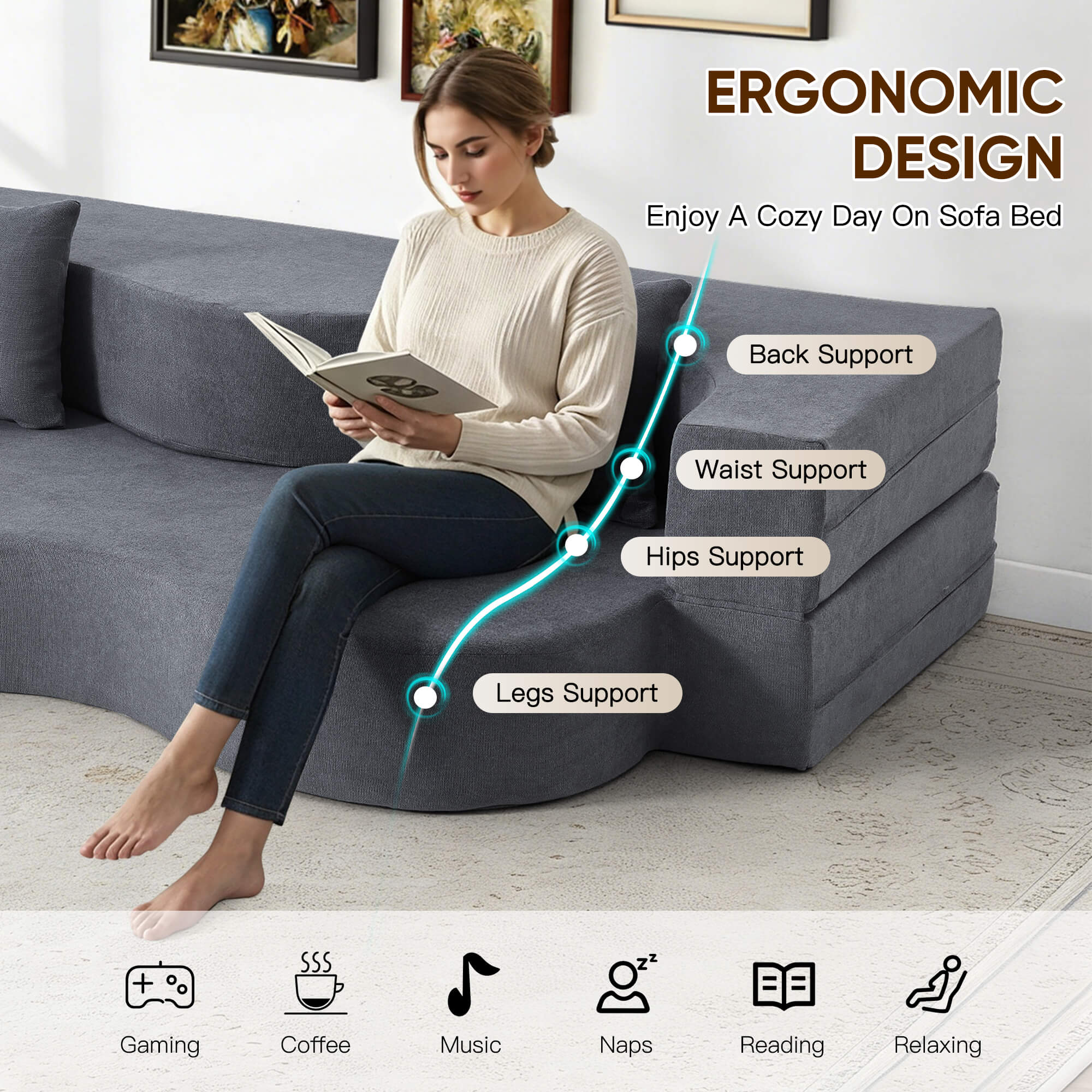 HOMREST Folding Sofa Bed, Floor Sofa Couch, Convertible Sofa Bed With High Density Foam, Foldable Floor Couch Bed For Living Room, Guest Room, Bedroom