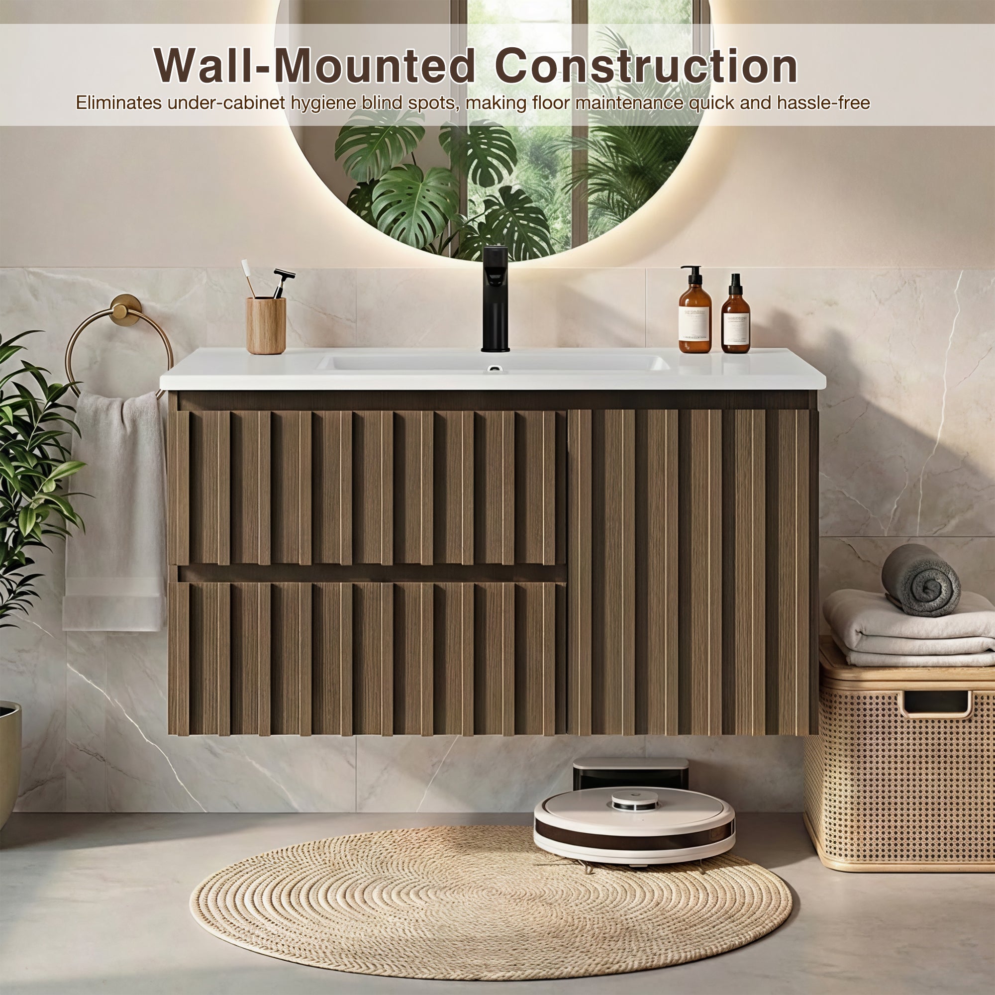Homrest 36" Wall Mounted Single Bathroom Vanity With Ceramic Sink, Bathroom Vanity With Spacious Cabinet And 2 Soft-close Drawers,  Brown
