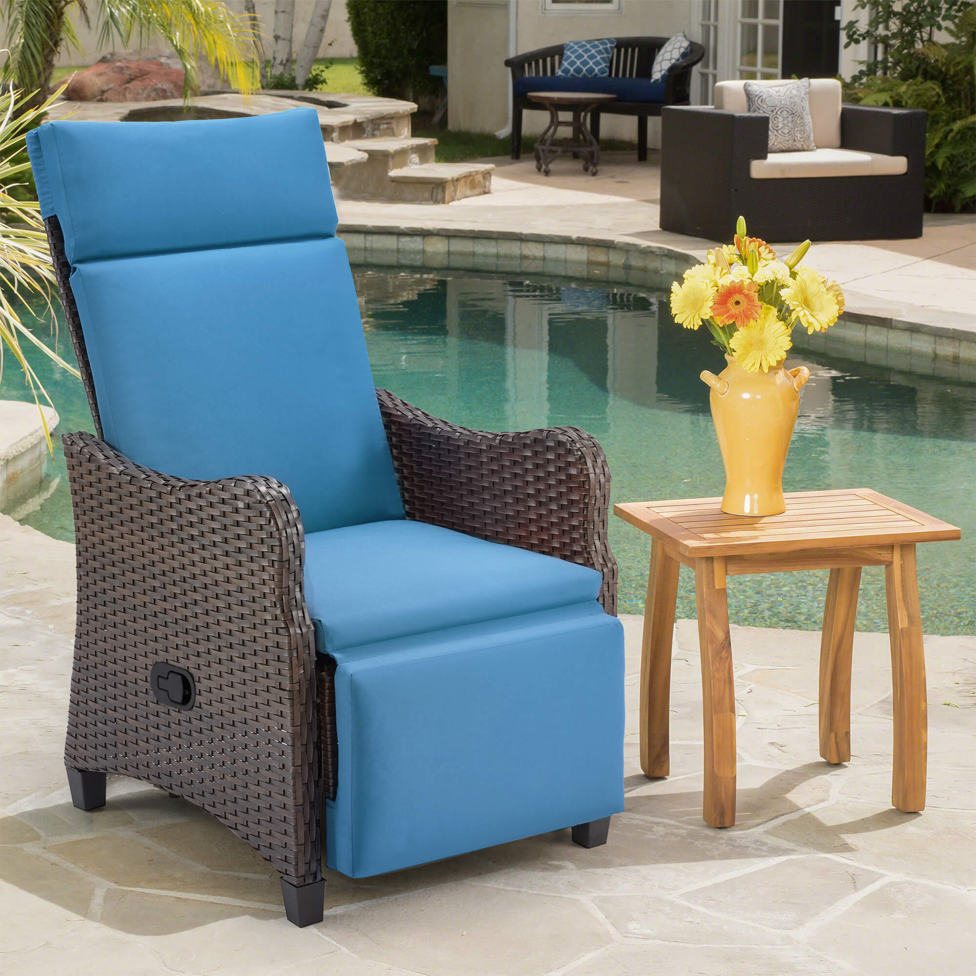 Homrest Outdoor Recliner Chair with Flip-up Table & Removable Cushion for Patio Deck Backyard, Blue