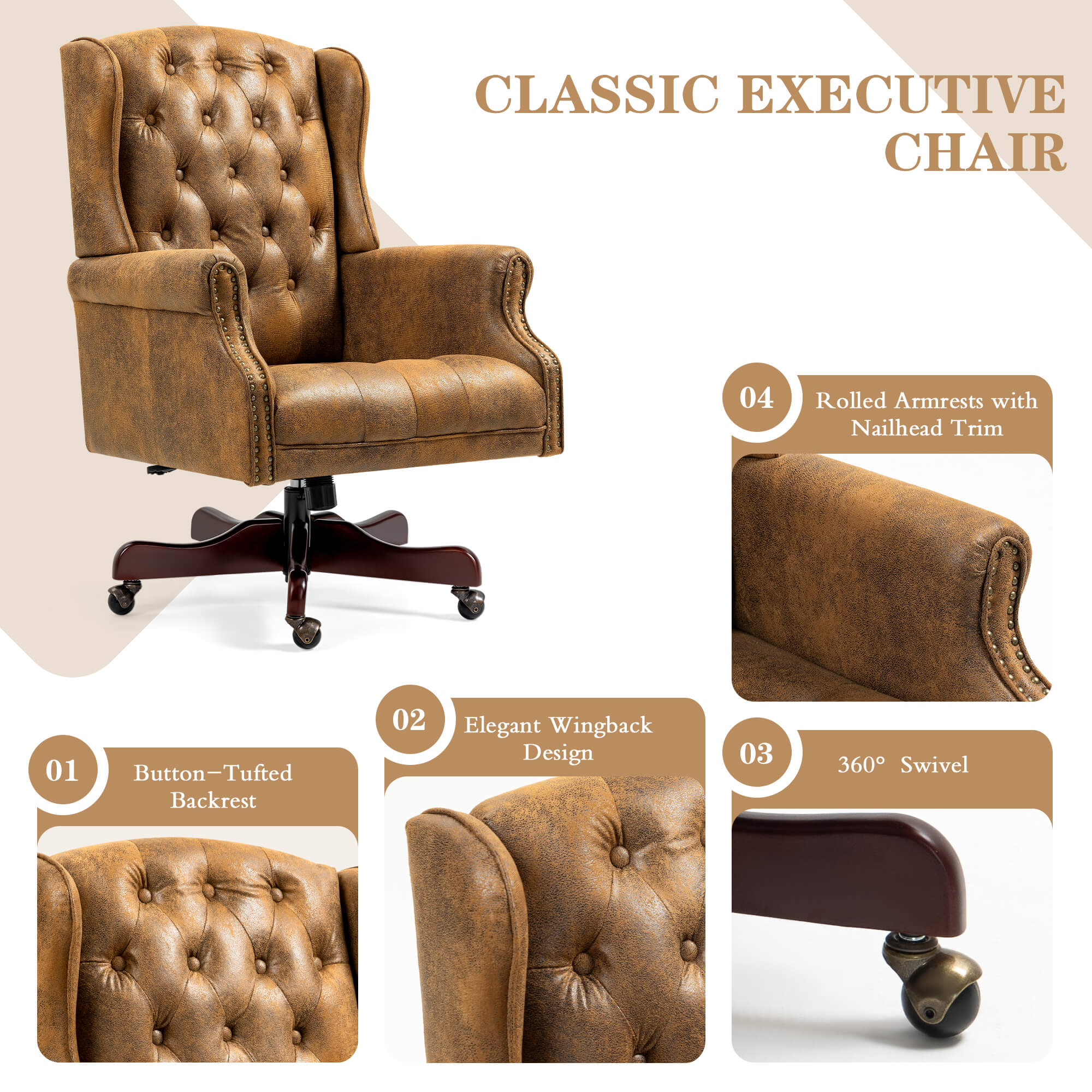 Homrest Executive Wingback Office Chair – Bomber Brown PU Leather High Back Desk Chair