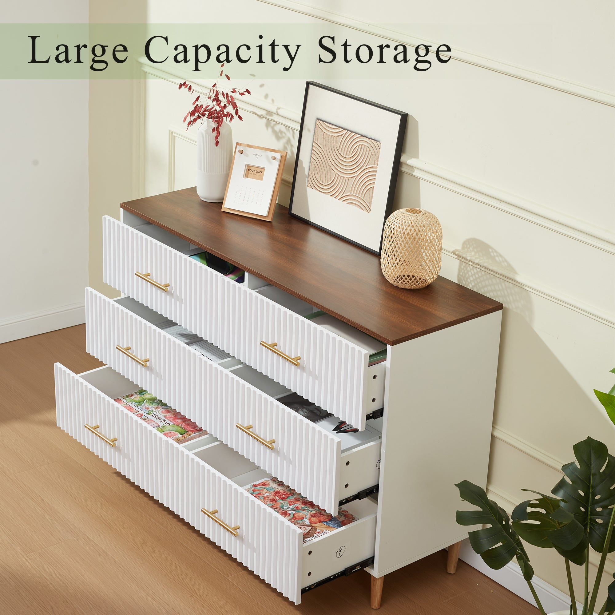 HOMREST 6 Drawer Dresser Modern Dresser Chest of Drawers with Fluted Panel, White
