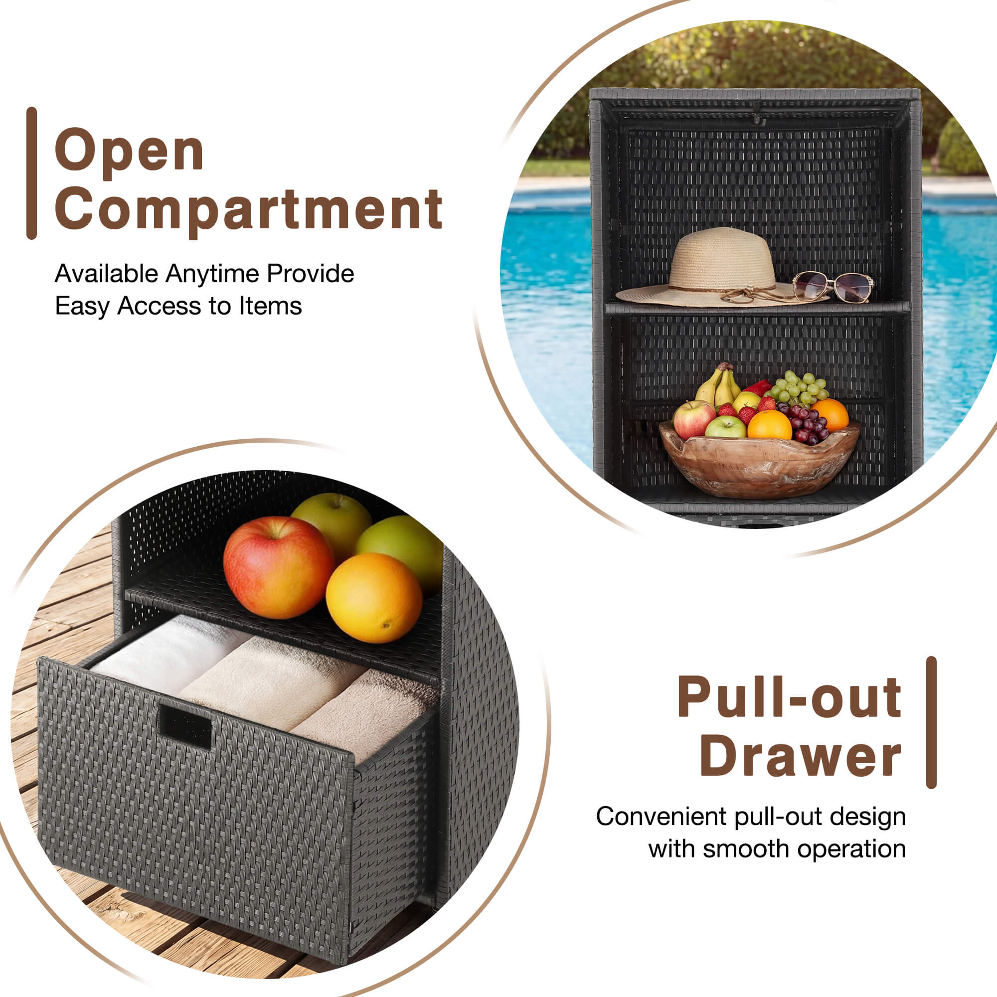 HOMREST Outdoor Pool Towel Rack with Storage Cabinet, Waterproof PE Rattan Wicker Poolside Towel Organizer with Shelves & Drawer, Rolling Wheels Towel Valet Caddy, Black
