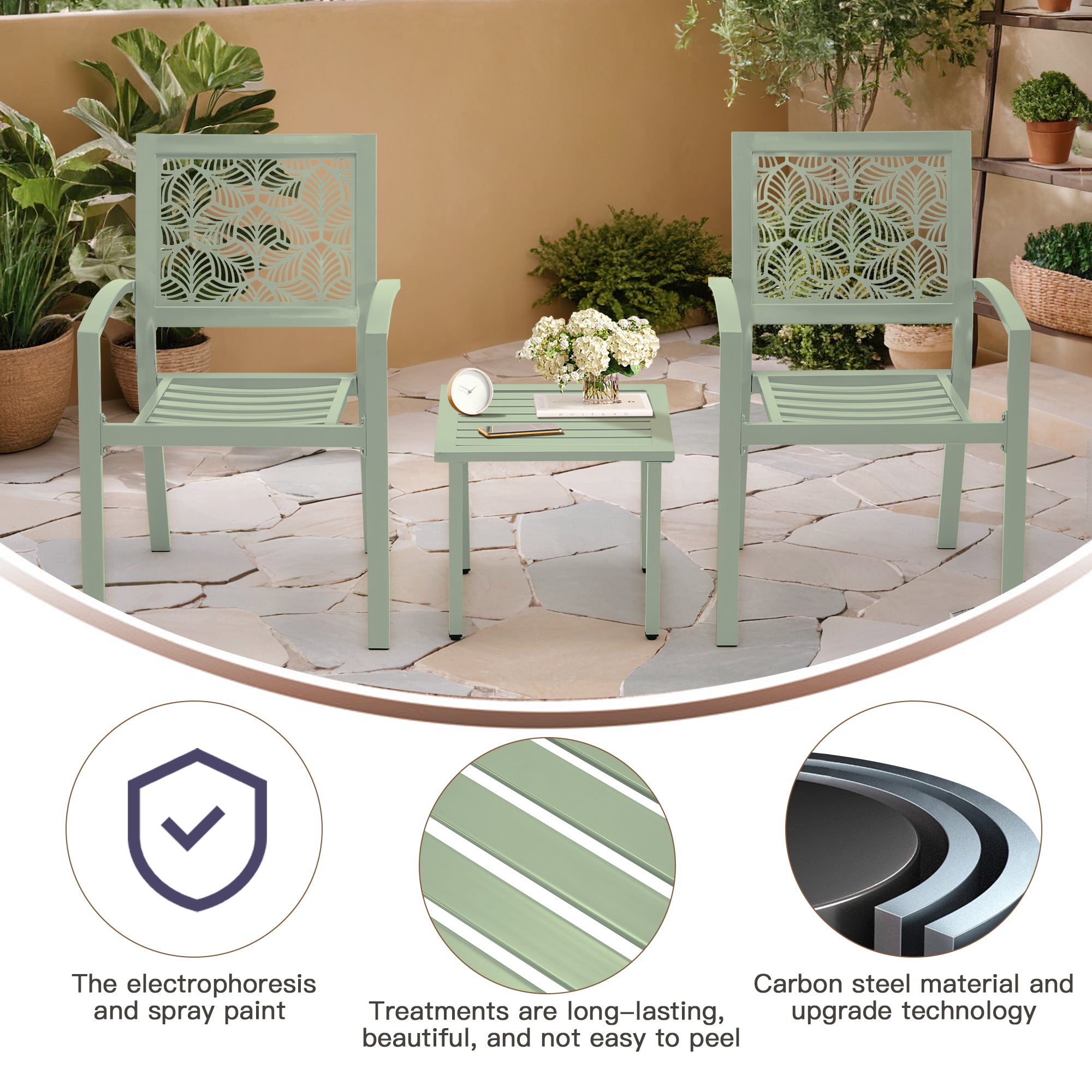 HOMREST 3-Piece Outdoor Bistro Set – Metal Chairs & Table, Sage Green