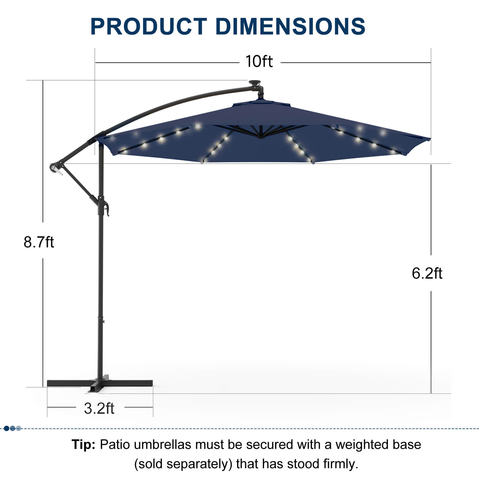 Homrest 10ft Solar Lighted Patio Umbrella, Infinite Tilt, Crank and Cross Base, Navy Blue