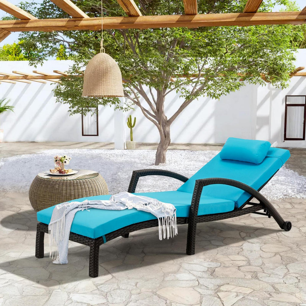 Chaise Lounge Chairs for Outside, PE Rattan Wicker Patio Pool Lounge Chair with Arm, Cushion for Poolside Beach