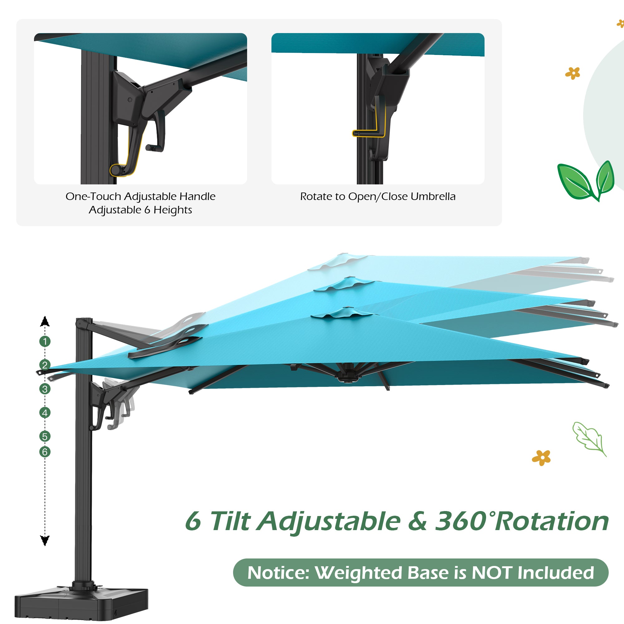 HOMREST 10x13ft Large Rectangular Cantilever Umbrella with 360° Rotation & 6 Adjustable Heights, Outdoor Patio Umbrella for Garden, Pool, Deck, Blue (Base Excluded)