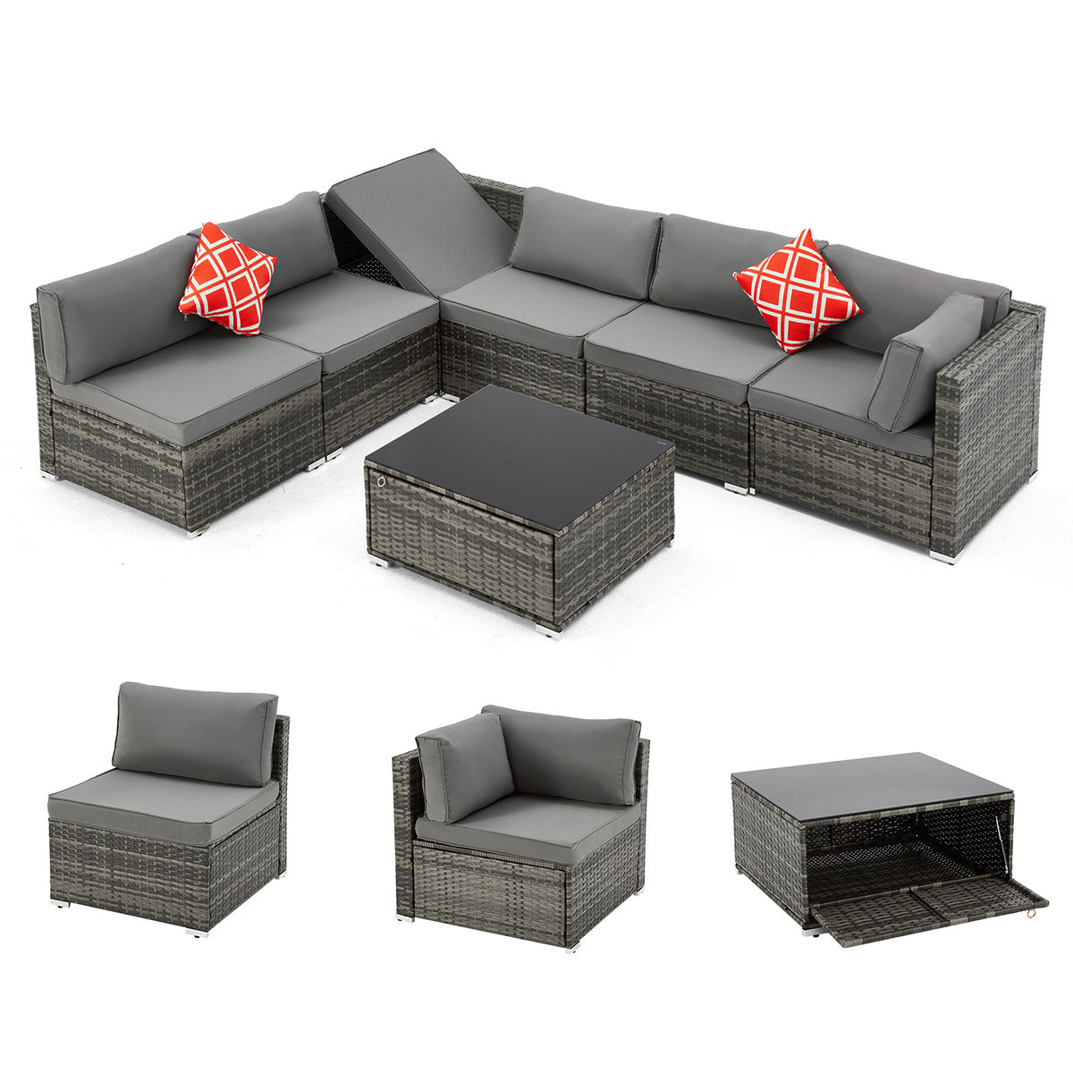 Homrest 7 Piece Outdoor Patio Furniture with Storage Table, Cushions and Pillows, Gray