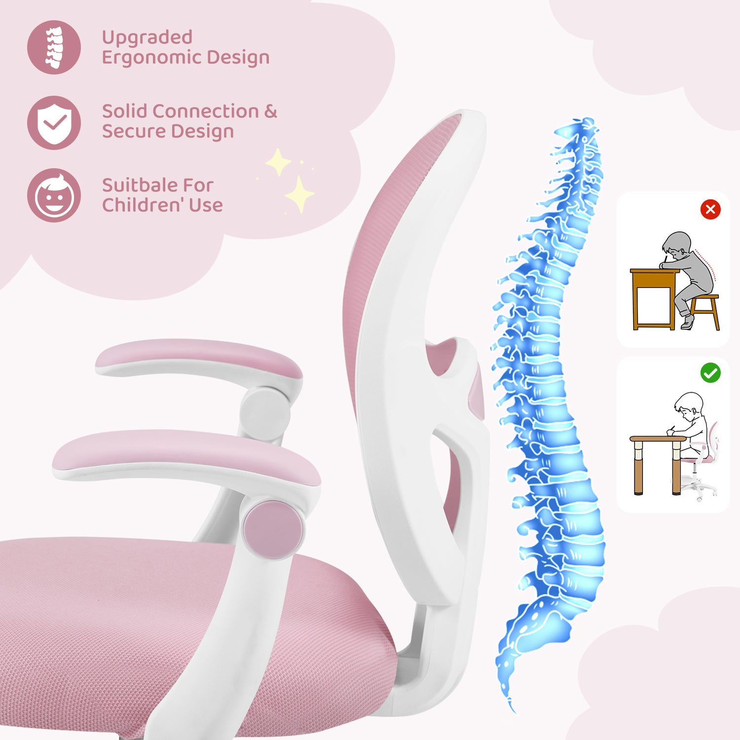 HOMREST Kids Desk Chair,Ergonomic Study Chairs with Adjustable Height,Breathable Mesh Removable,Non-Slip Footrests, Pink