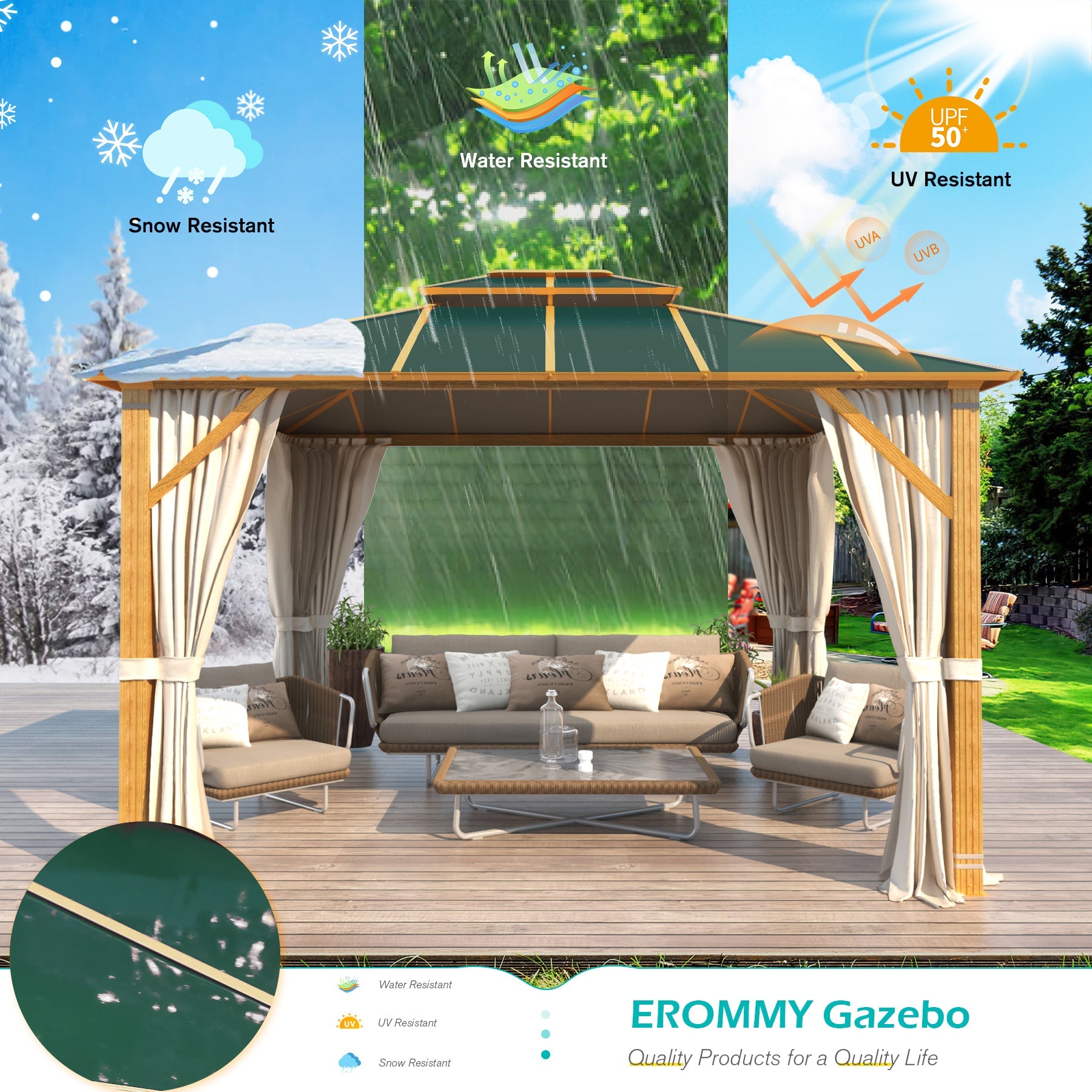 Homrest 10'x12' Gazebo, Outdoor Wood Grain Hardtop Gazebos, Aluminum Composite Double Roof with Privacy Curtain and Mosquito Net Green