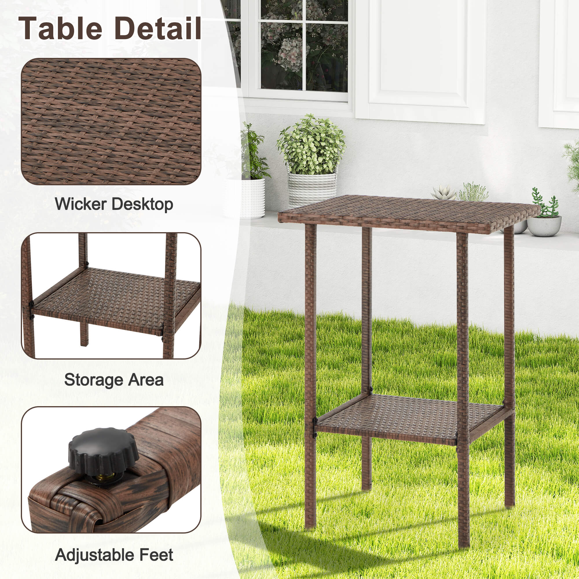 HOMREST 3-Piece Patio Wicker Bar Set, Rattan Bar Table & Stools with Cushion Covers (Blue/Gray)