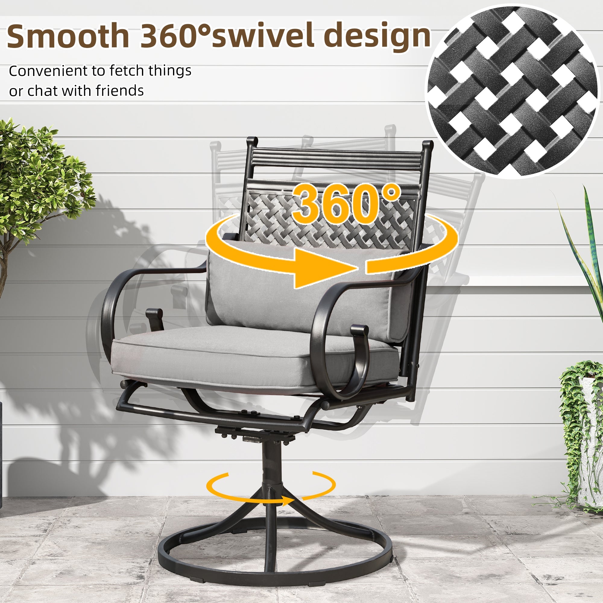 homrest Patio Swivel Chair Set of 2, Outdoor Dining Chairs with Cushions for Porch, Deck, and Garden, Gray