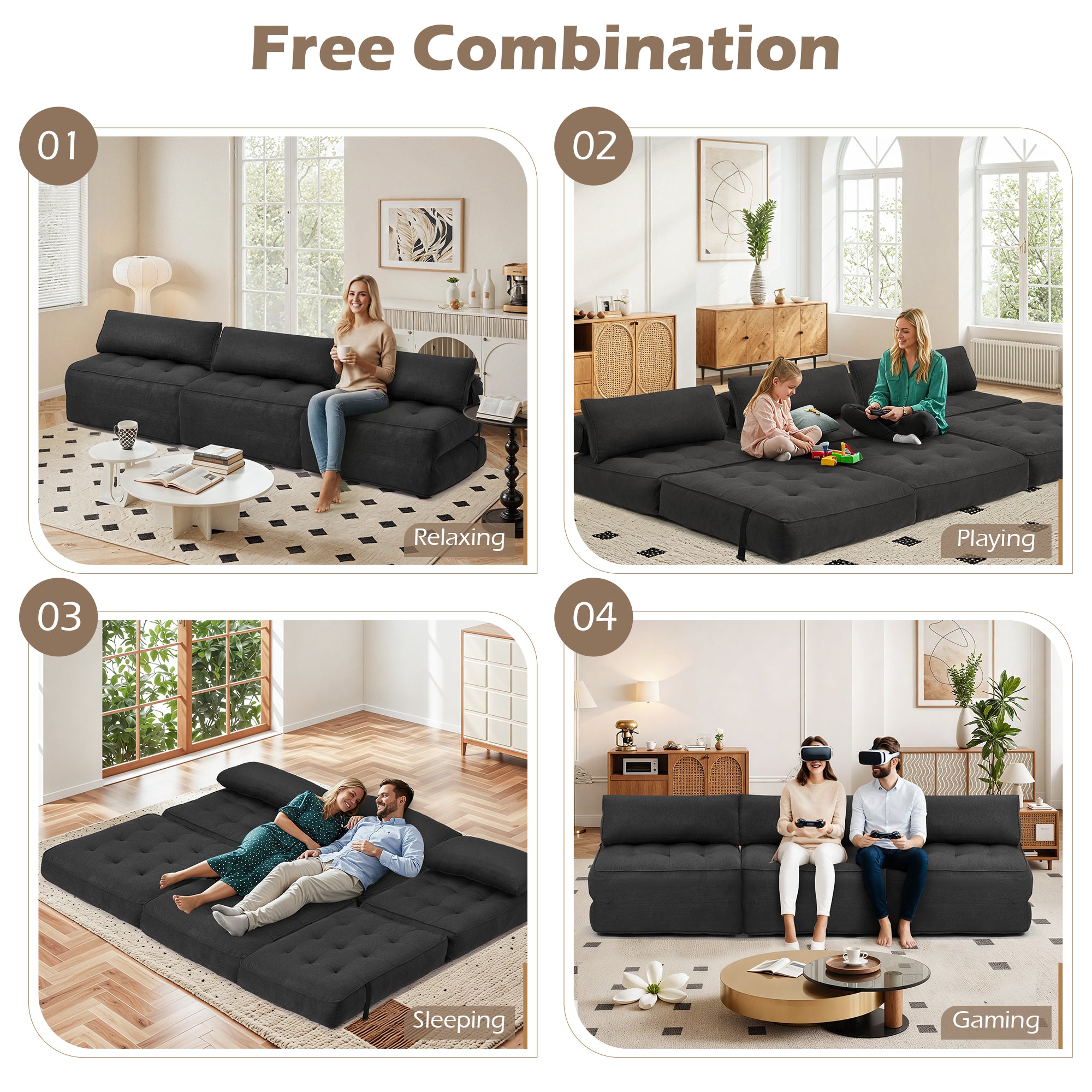 HOMREST 3-Piece Modular Sectional Sofa, Convertible Lounge Set – Foldable Couch Bed, Black