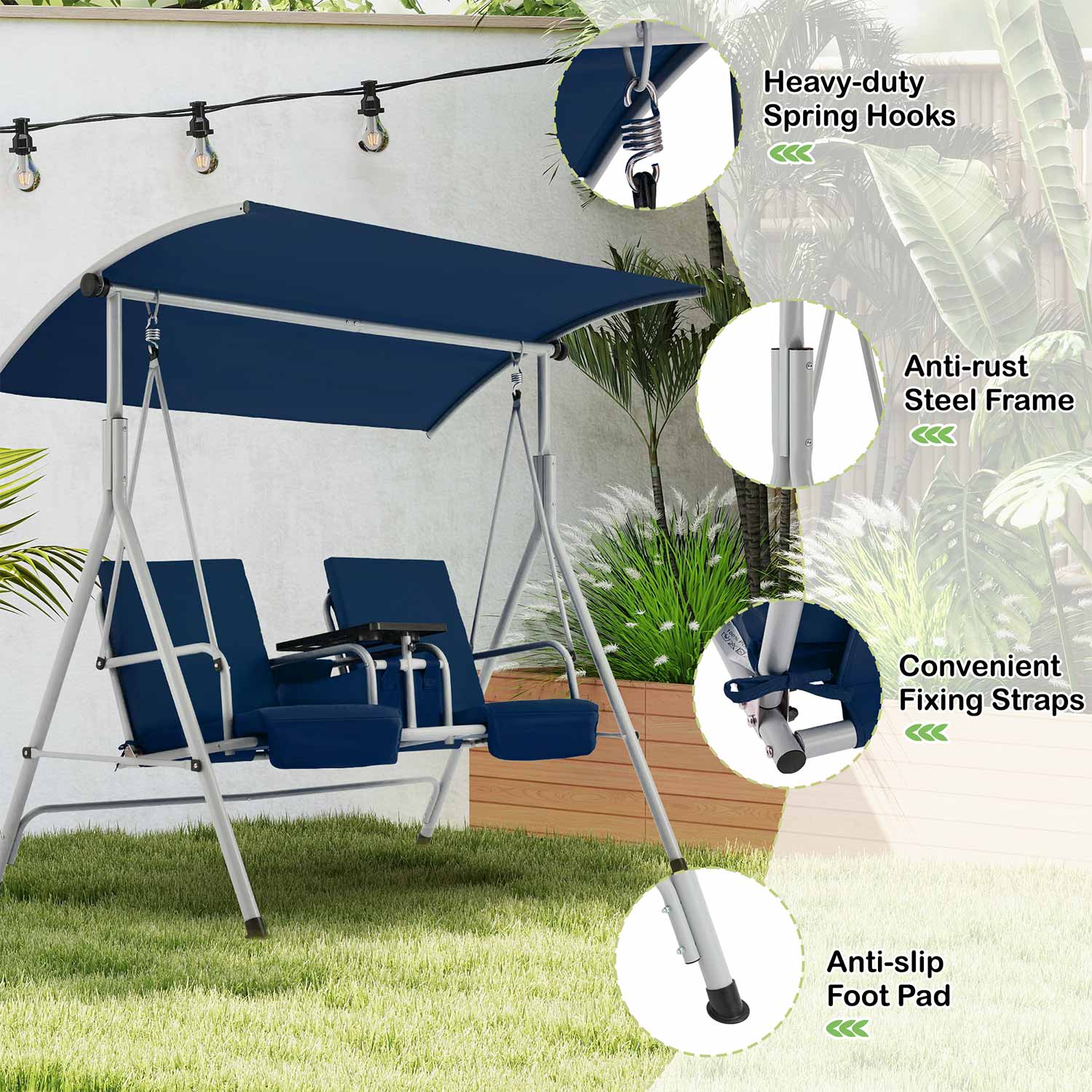 Homrest 2 Seat Outdoor Porch Swing with Adjustable Canopy, Navy Blue