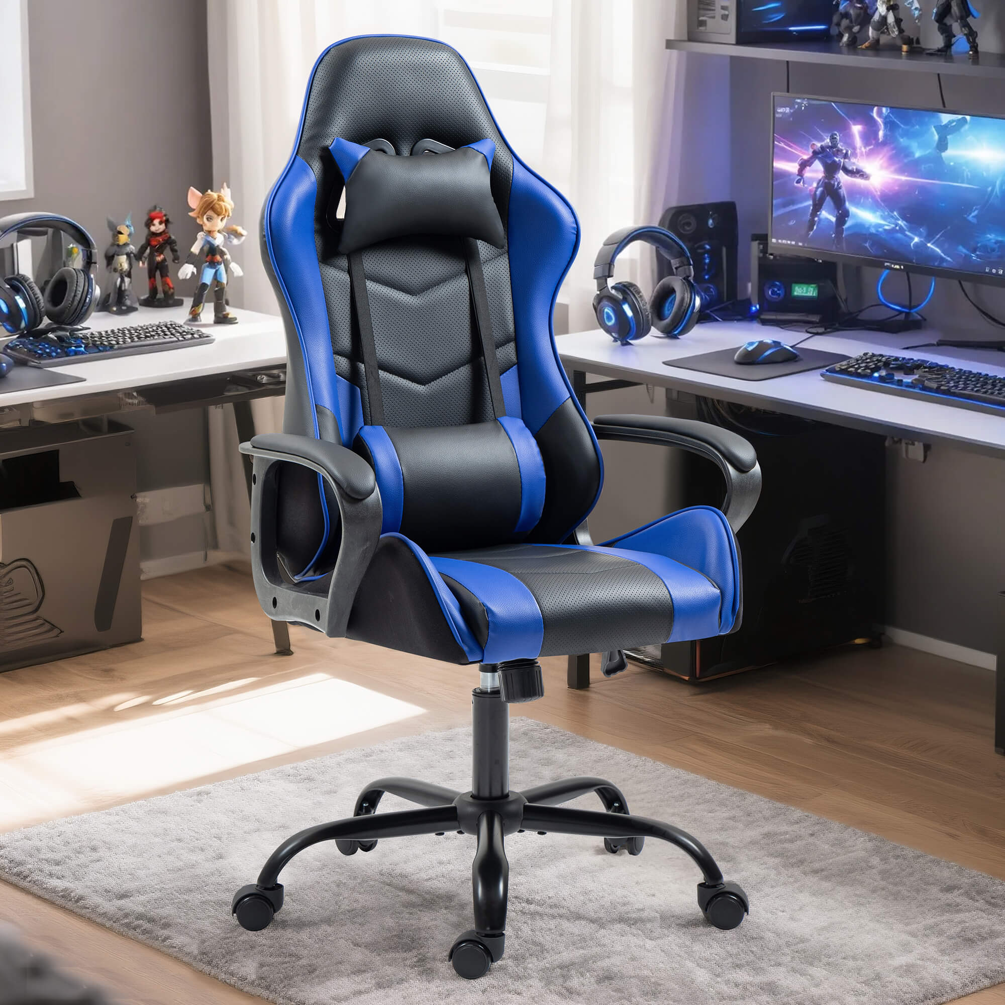 HOMREST Gaming Chair, Ergonomic Computer Gamer Chair with Massage Lumbar Support & Rocking High Back, Height Adjustable, Blue