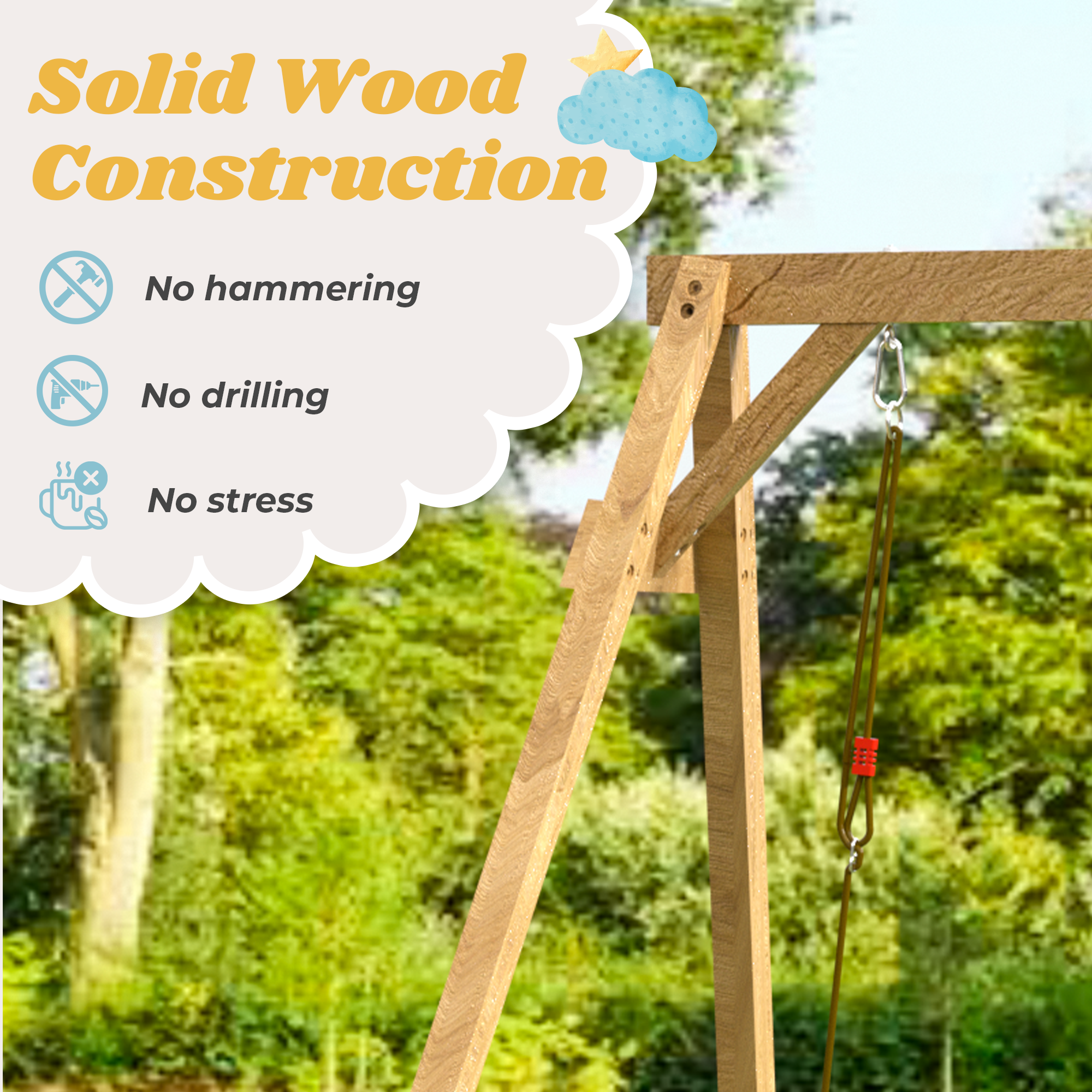 Homrest Wooden Swing Sets for Backyard with 2 Belt Swings and Trapeze Bar, Outdoor Playset for Kids, Backyard Discovery Wooden Swing Set