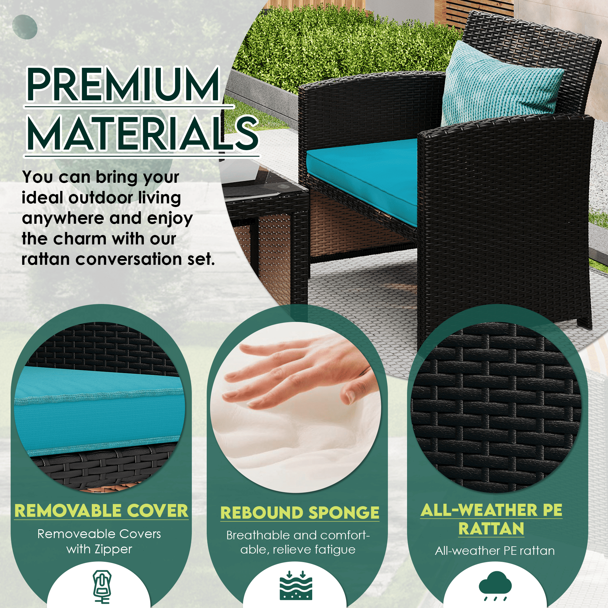 HOMREST 4-Piece Patio Furniture Set, Outdoor Wicker Patio Conversation Set with Cushions, Sofa & Glass Coffee Table, Blue