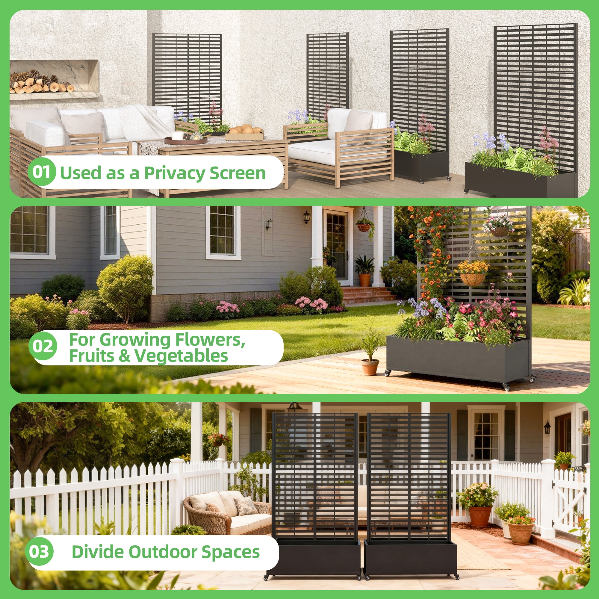 HOMREST Metal Planter Box with Trellis, 73"x 47"x 16" Raised Garden Bed with Wheels and Drainage Holes, Planter with Trellis for Garden, Balcony and Patio, Black