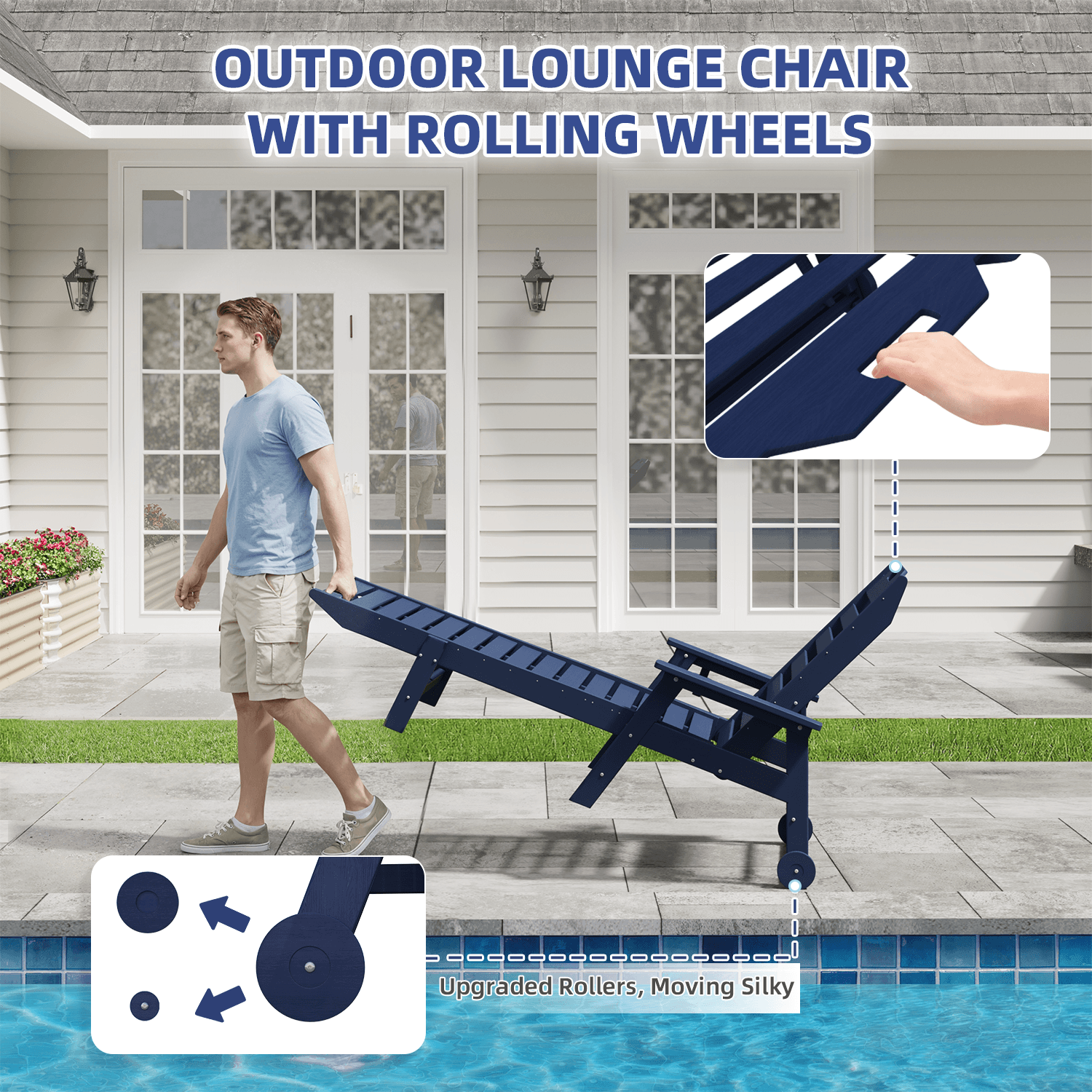 HOMREST 22" W Oversized Chaise Lounge Chairs, Adjustable HDPE Outdoor Chairs with Wheels & Cup Holder, Navy Blue