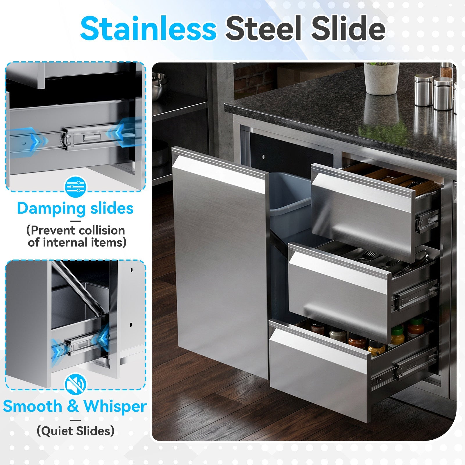 HOMREST Outdoor Kitchen Drawer and Trash Bin Combo - 28"Wx20"Dx23"H Built-in 304 Stainless Steel Cabinet with Triple Drawers & Pull-Out Trash Drawer, Silver