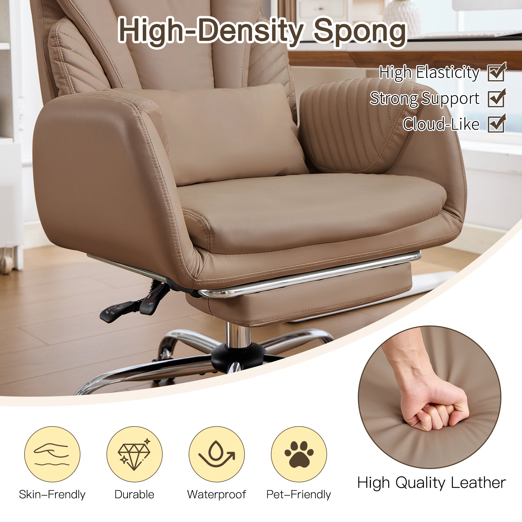 HOMREST Modern Cross Legged Office Chair with Footrest,Leather Ergonomic Executive Chair with Lumbar Pillow, Brown