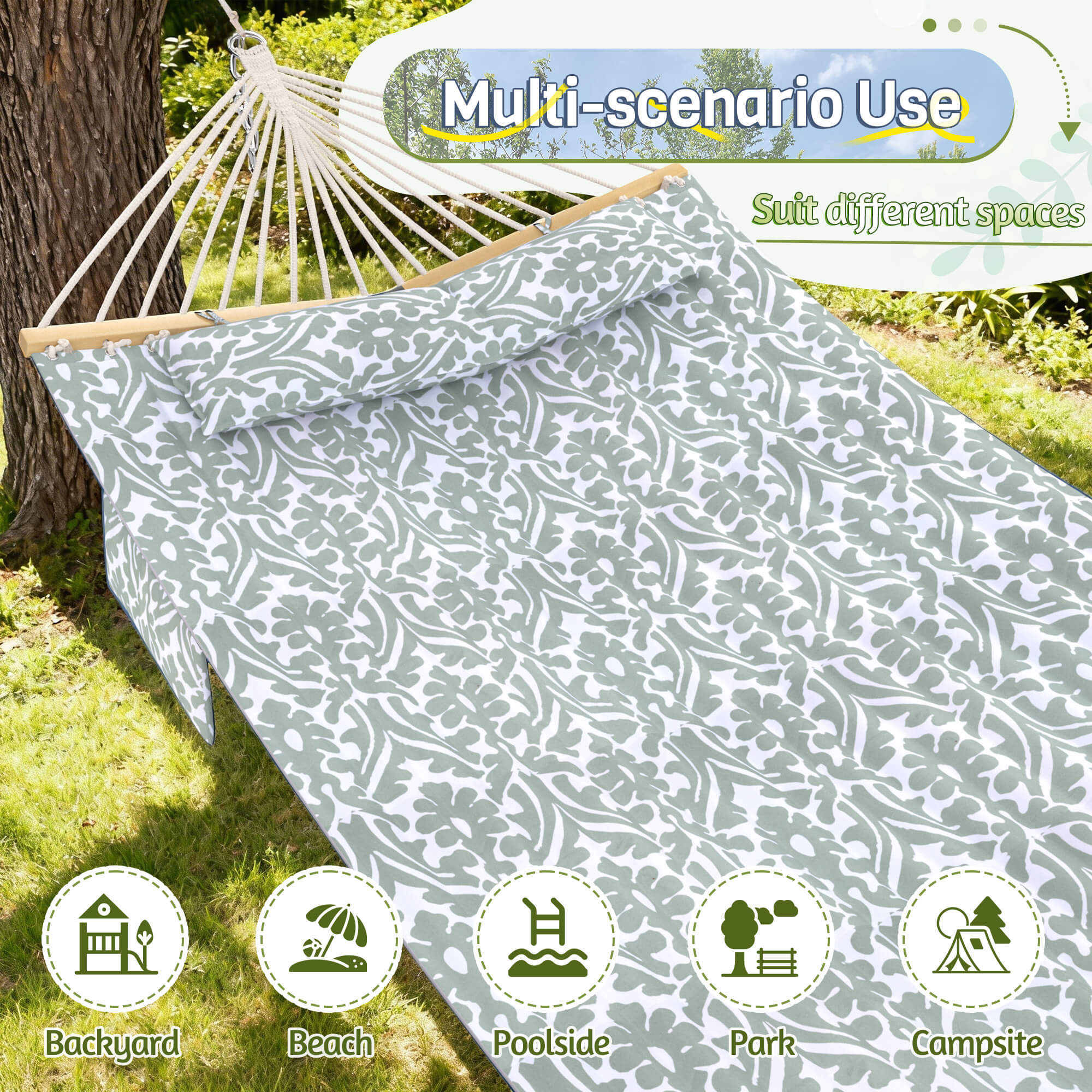 HOMREST Modern Portable Hammock, Outdoor Rope Hammock for Backyard, Beach & Camping, Gray Floral