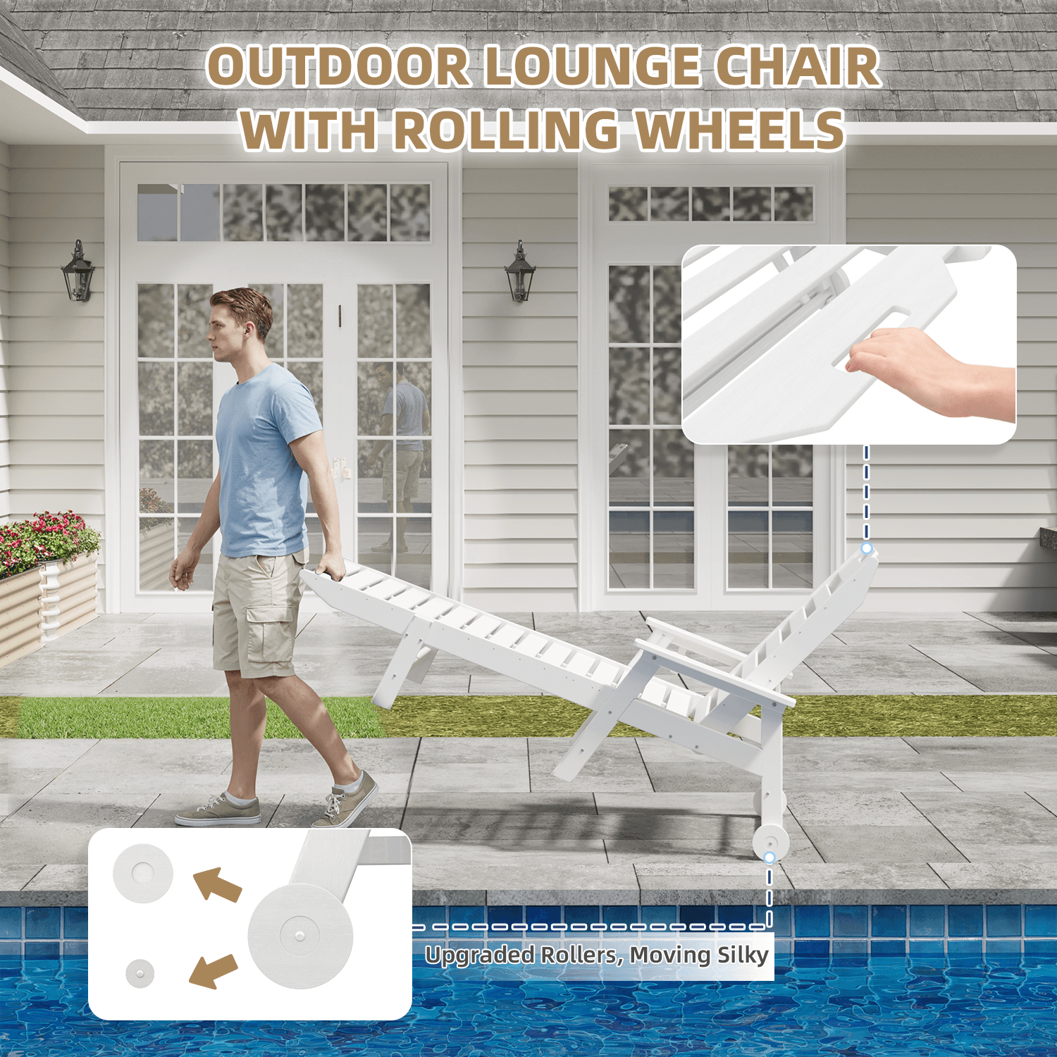 HOMREST 22" W Oversized Chaise Lounge Chairs, Adjustable HDPE Outdoor Chairs with Wheels & Cup Holder, White