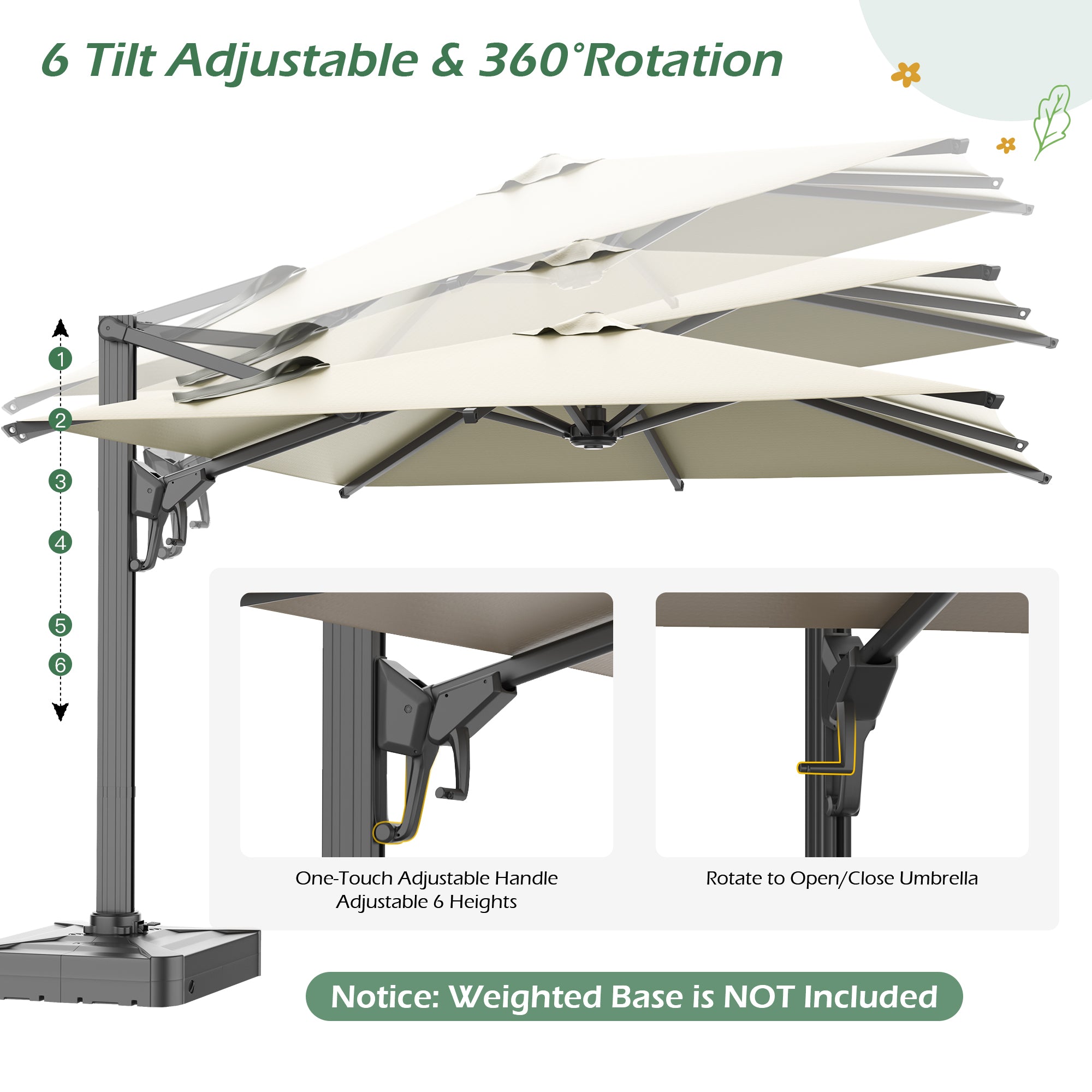 HOMREST 10x10ft Large Rectangular Cantilever Umbrella with 360° Rotation & 6 Adjustable Heights, Yellow (Base Excluded)