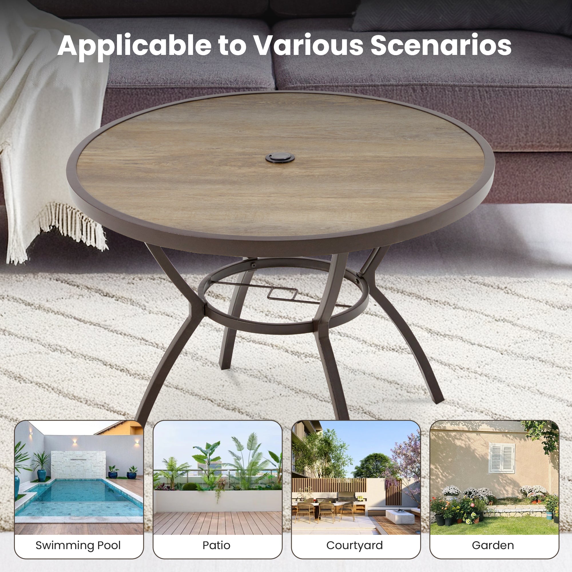 Homrest  38 Inch Outdoor Metal Dining Table with Adjustable Umbrella Hole