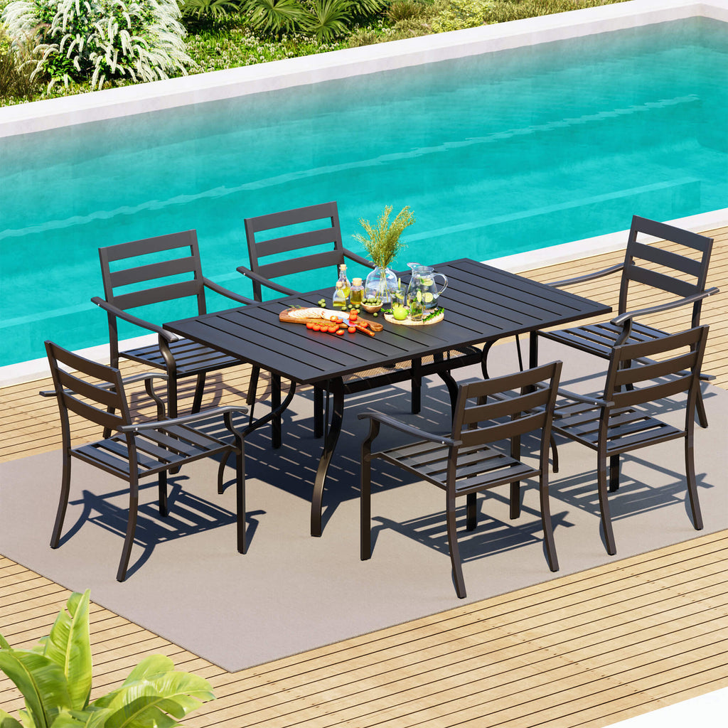HOMREST 7-Piece Outdoor Patio Dining Set for 6, Rectangular Metal Table with Umbrella Hole & Stackable Chairs