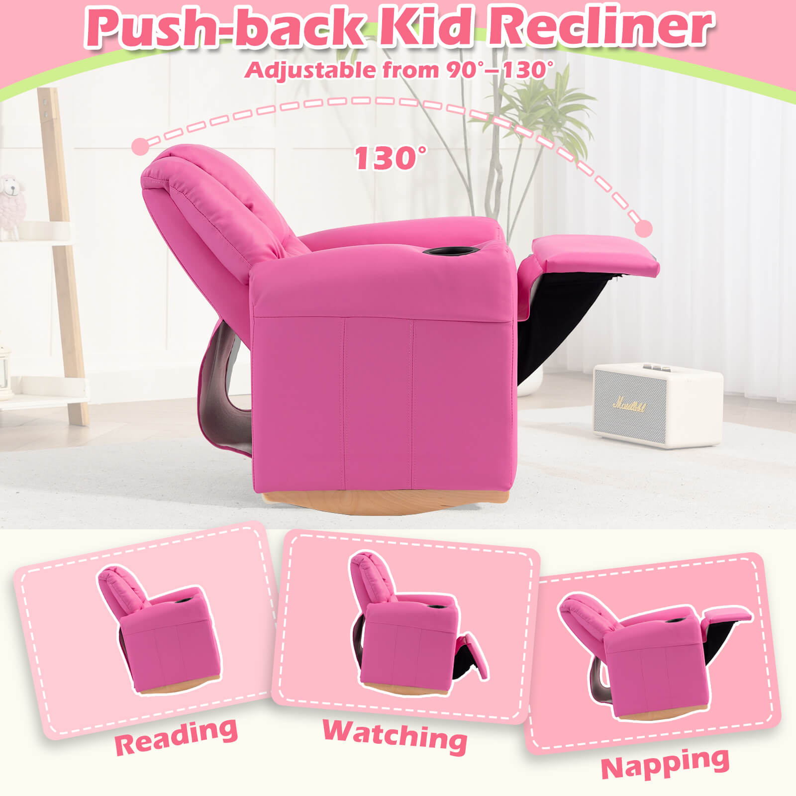 HOMREST Kids Recliner Chair with Cup Holder, Leather Toddler Recliner with Adjustable Backrest, Curved Rocking Legs and Comfy Armrests, Pink