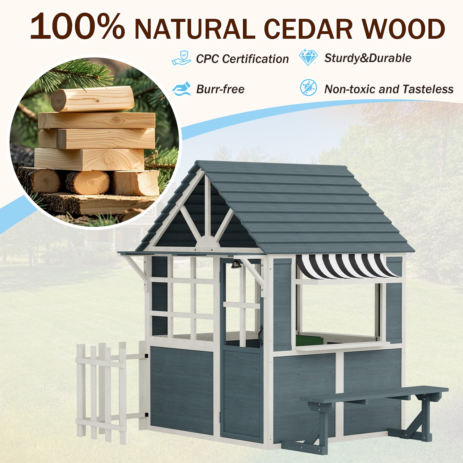 HOMREST Outdoor Playhouse for Kids, Wooden Kid Play House with Kitchen Toys,Blackboard,Chalks,Eraser,Magnetic Door, Bench, Foldable Sunshade Canopy,Flowerpot Holders, Bell, Pet Hole, Clock,Blue Grey