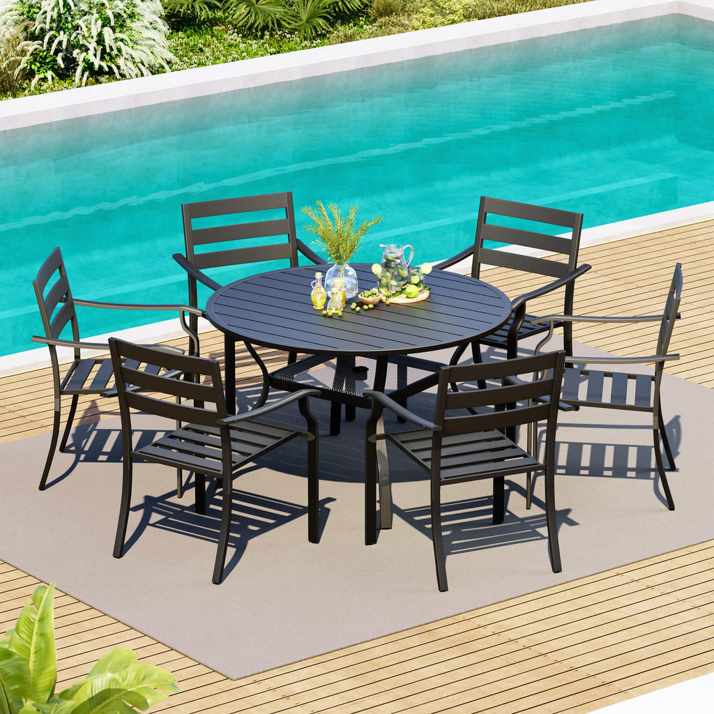 HOMREST 7-Piece Outdoor Patio Dining Set for 6, Round Metal Table with Umbrella Hole & Stackable Chairs