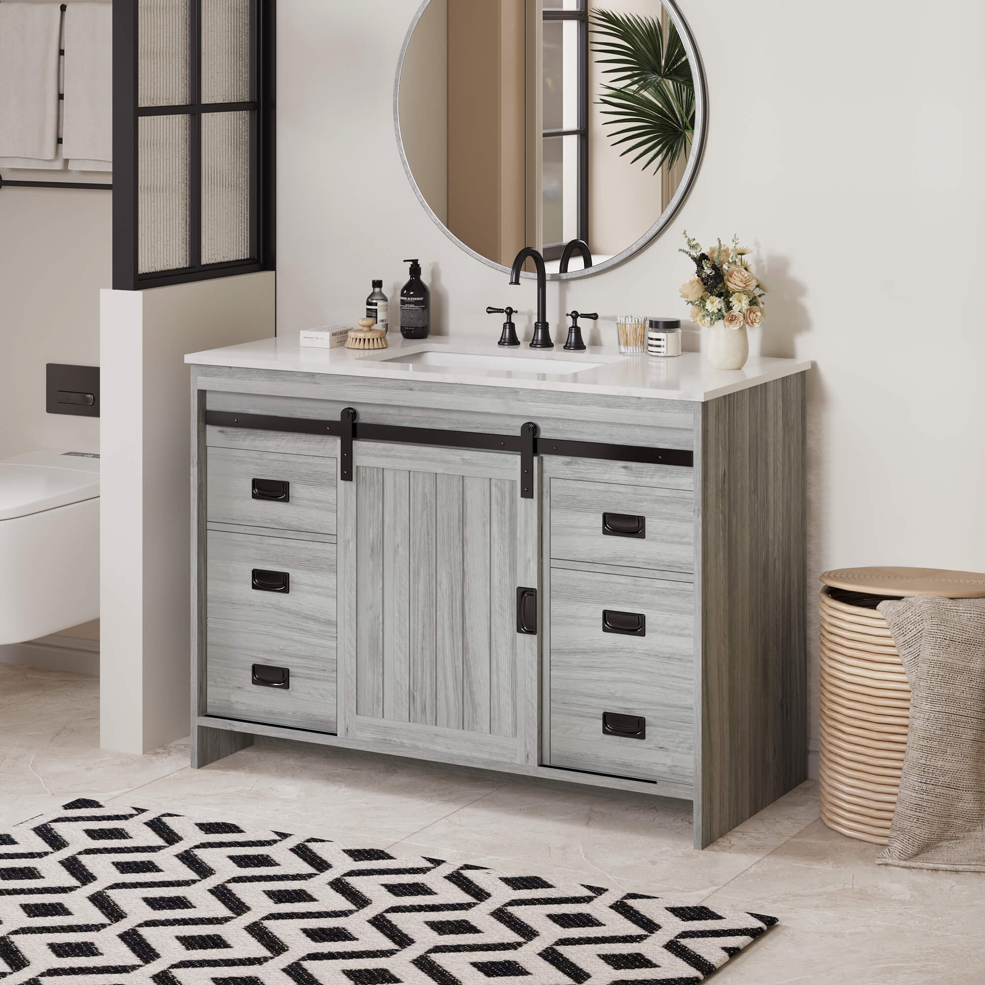 HOMREST 48" Farmhouse Single Bathroom Vanity with Engineered Stone Top, Sliding Barn Door Sink Vanity, Gray