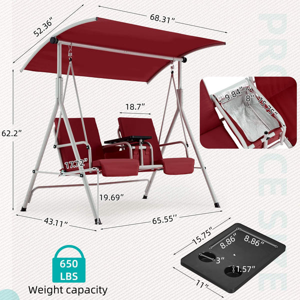 Homrest 2 Seat Outdoor Porch Swing with Adjustable Canopy, Wine Red