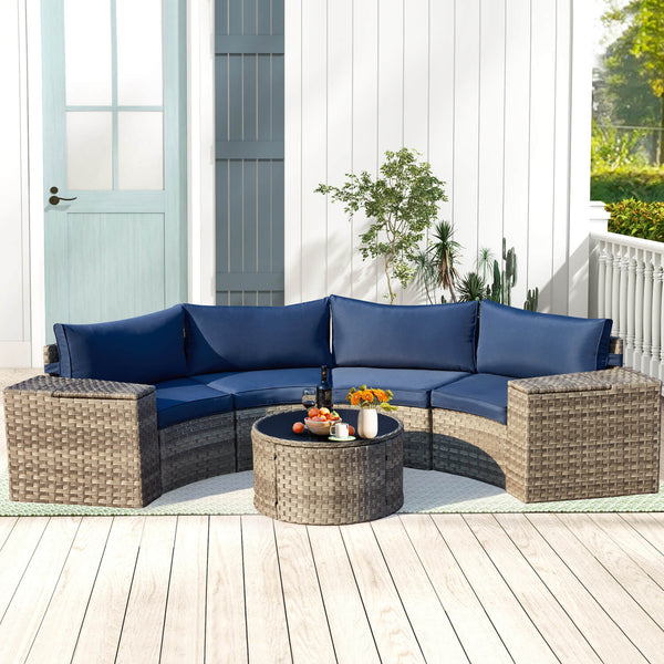 HOMREST Outdoor Patio Furniture Set, 7-Piece Half-Moon Wicker Patio Sofa Set with Storage Table, Blue