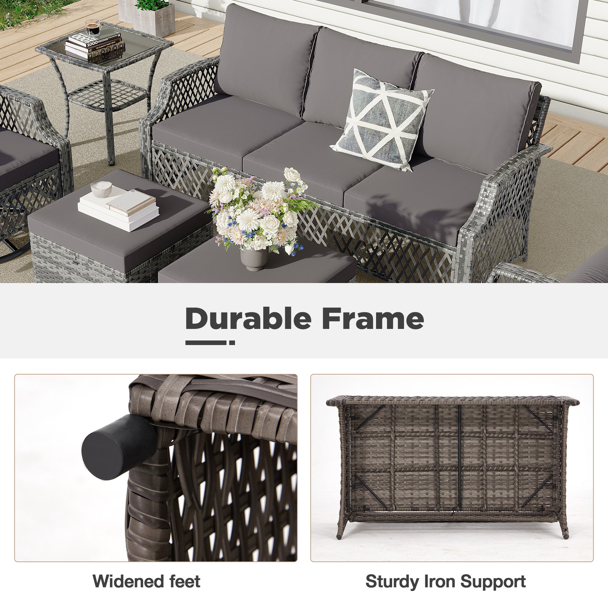 HOMREST 7 Piece Patio Furniture Set, Rattan Outdoor Sectional for Deck Backyard Porch (Gray)