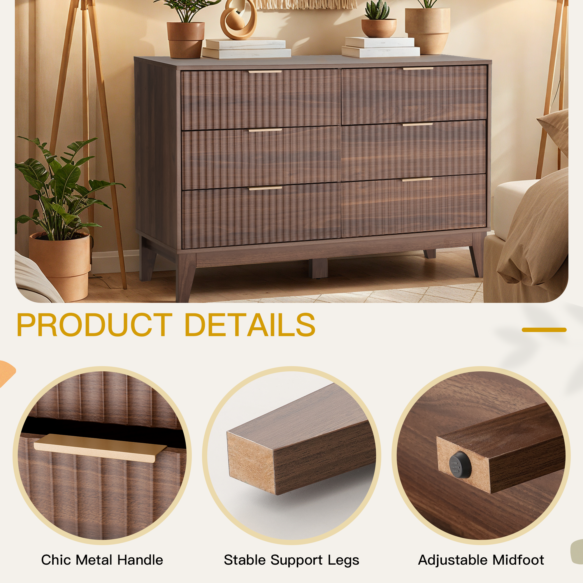 HOMREST Fluted Dresser for Bedroom, 6 Drawer Modern Dresser, Wide Modern Chest of Drawers with Metal Handle, Mid Century Modern Dresser, Walnut